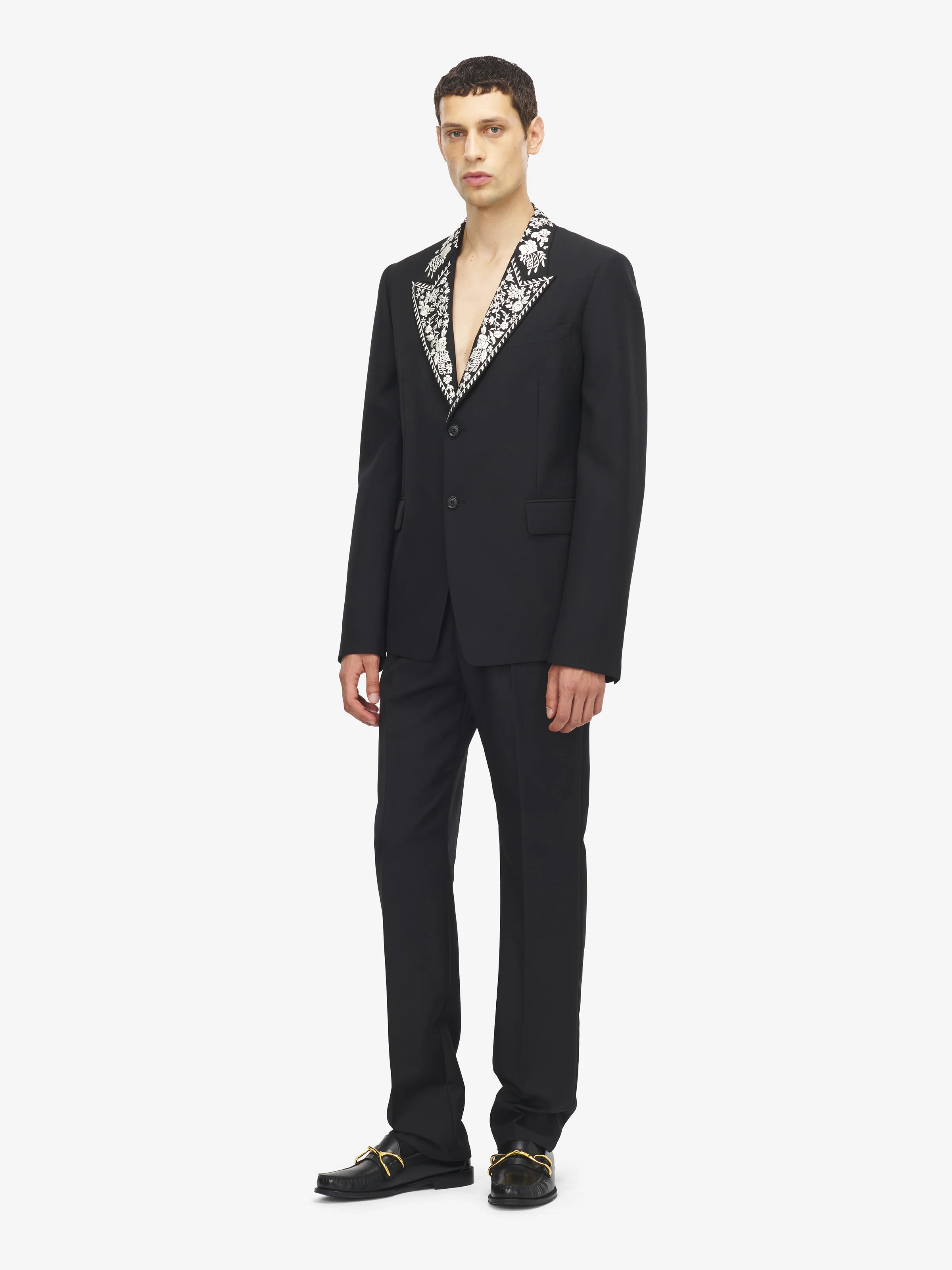 Men's Floral Embroidery Double-breasted Jacket in Black - 1