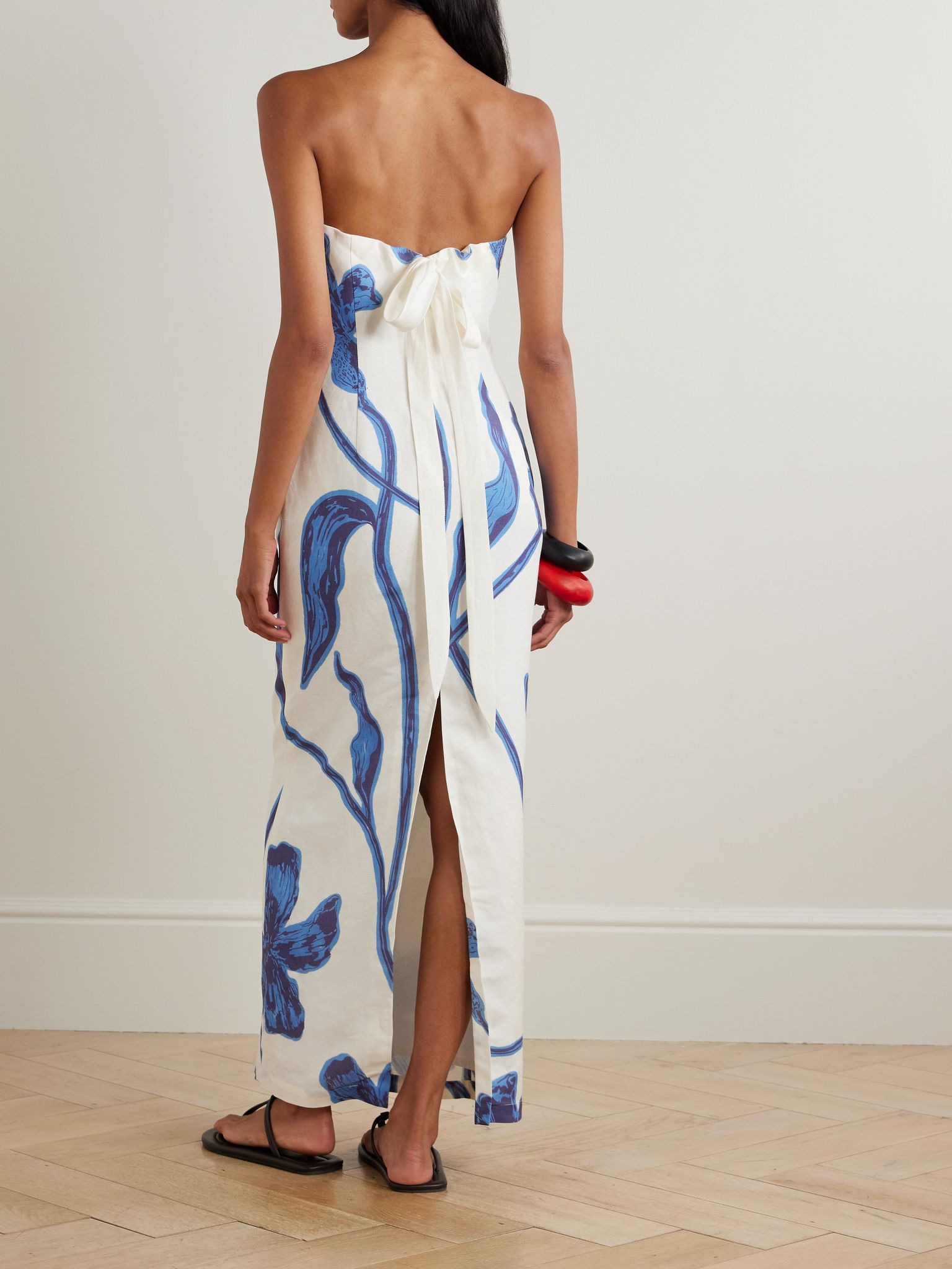 Nosso Amor strapless floral-print linen maxi dress Blue - 3