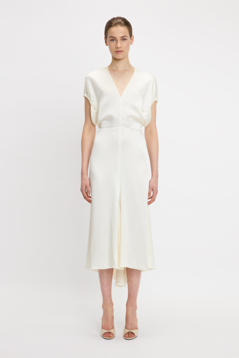 Victoria Beckham Blouson Detail Midi Dress In Ivory outlook