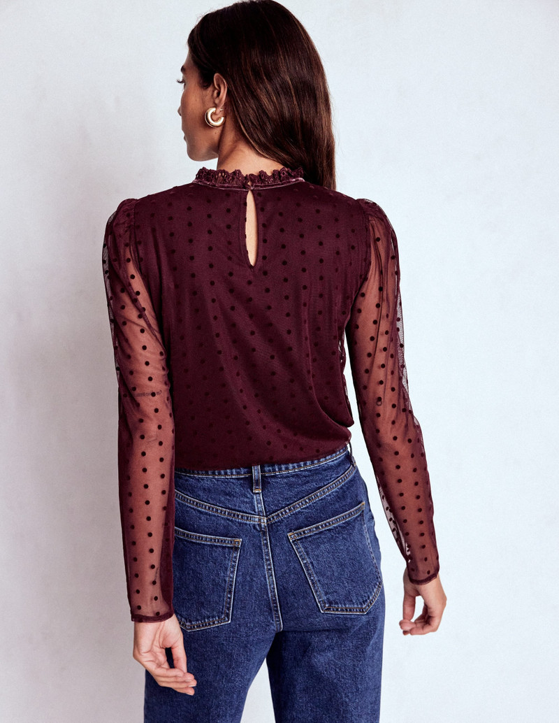 Tulle Yoke Embroidered Top-Dark Cherry 4