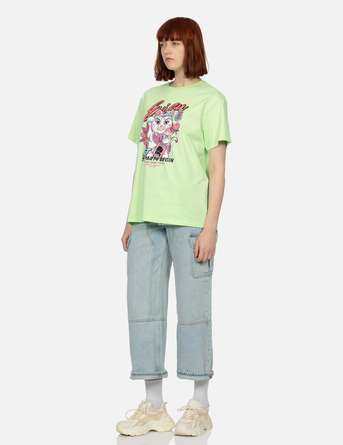 FORTUNE CAT AND FLORAL PRINT BOYFRIEND T-SHIRT - 3