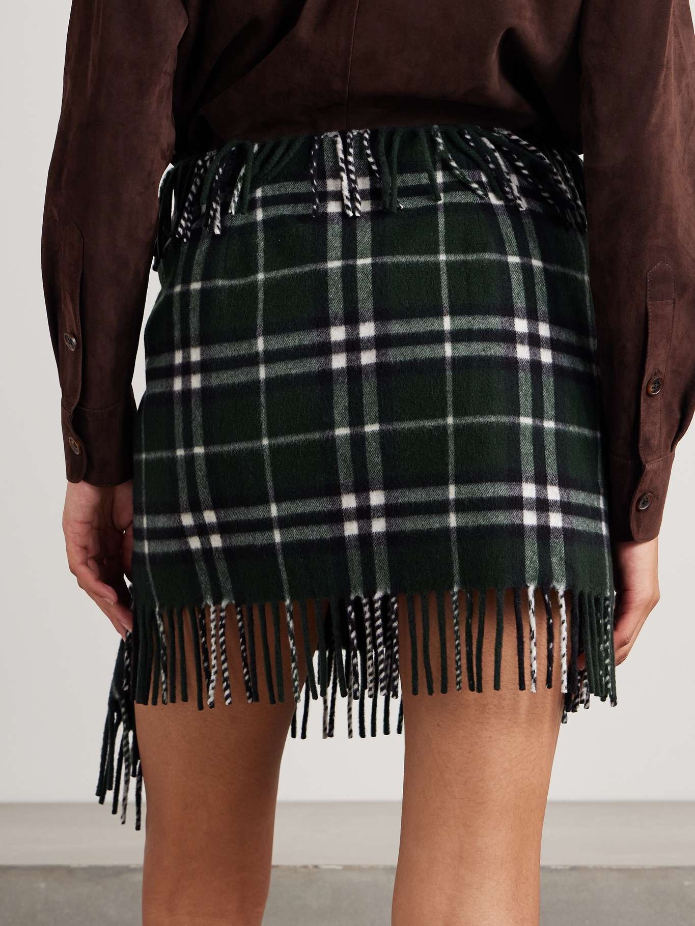 Fringed checked wool and cashmere-blend flannel mini wrap skirt - 3