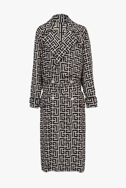 Bicolor ivory and black wool trench coat with Balmain monogram - 1