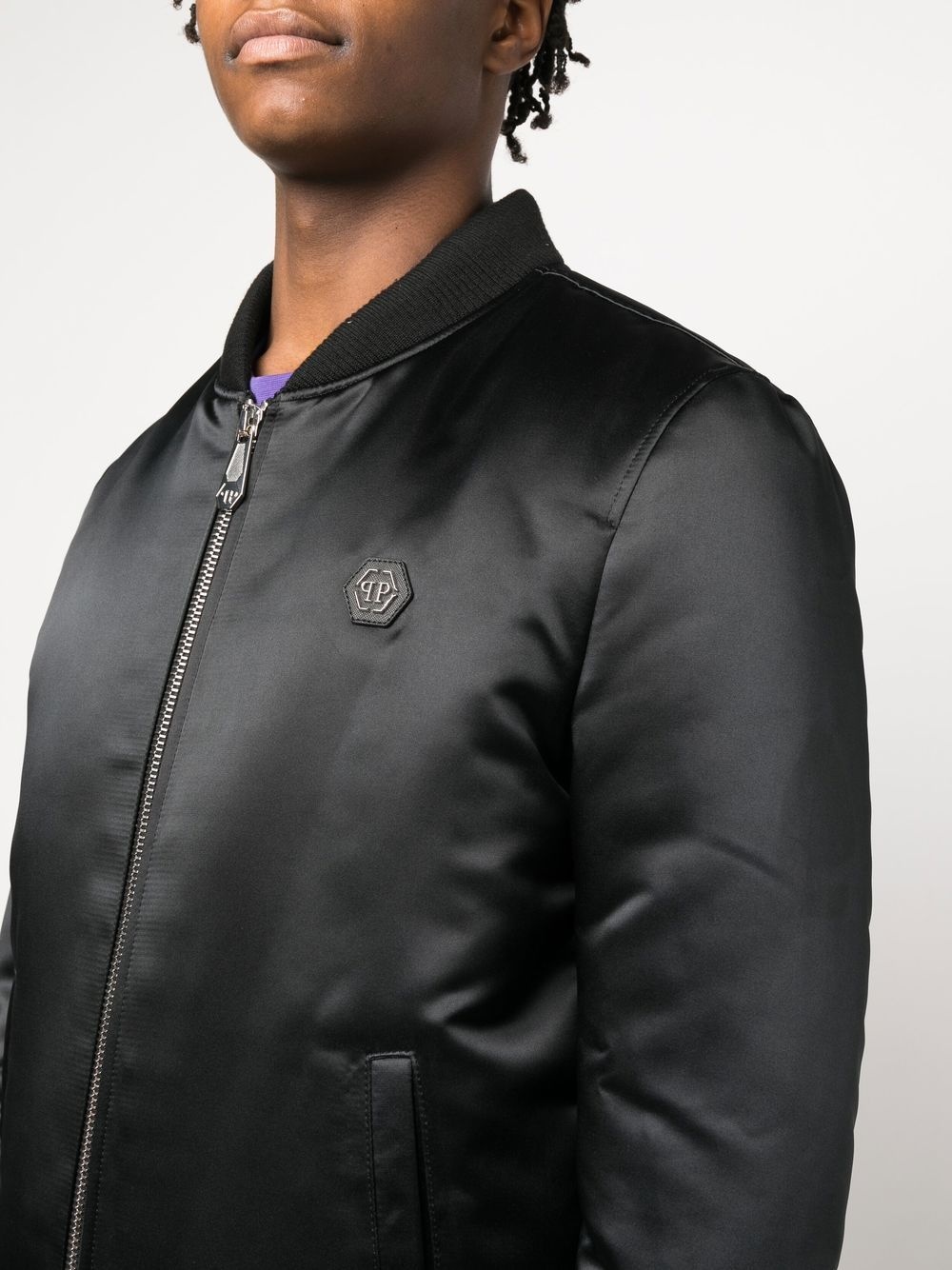 logo-plaque zip-up satin bomber jacket - 5