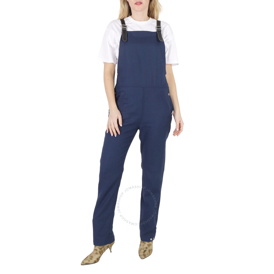 Burberry Dark Canvas Blue Leather-Trim Denim Dungarees - 1