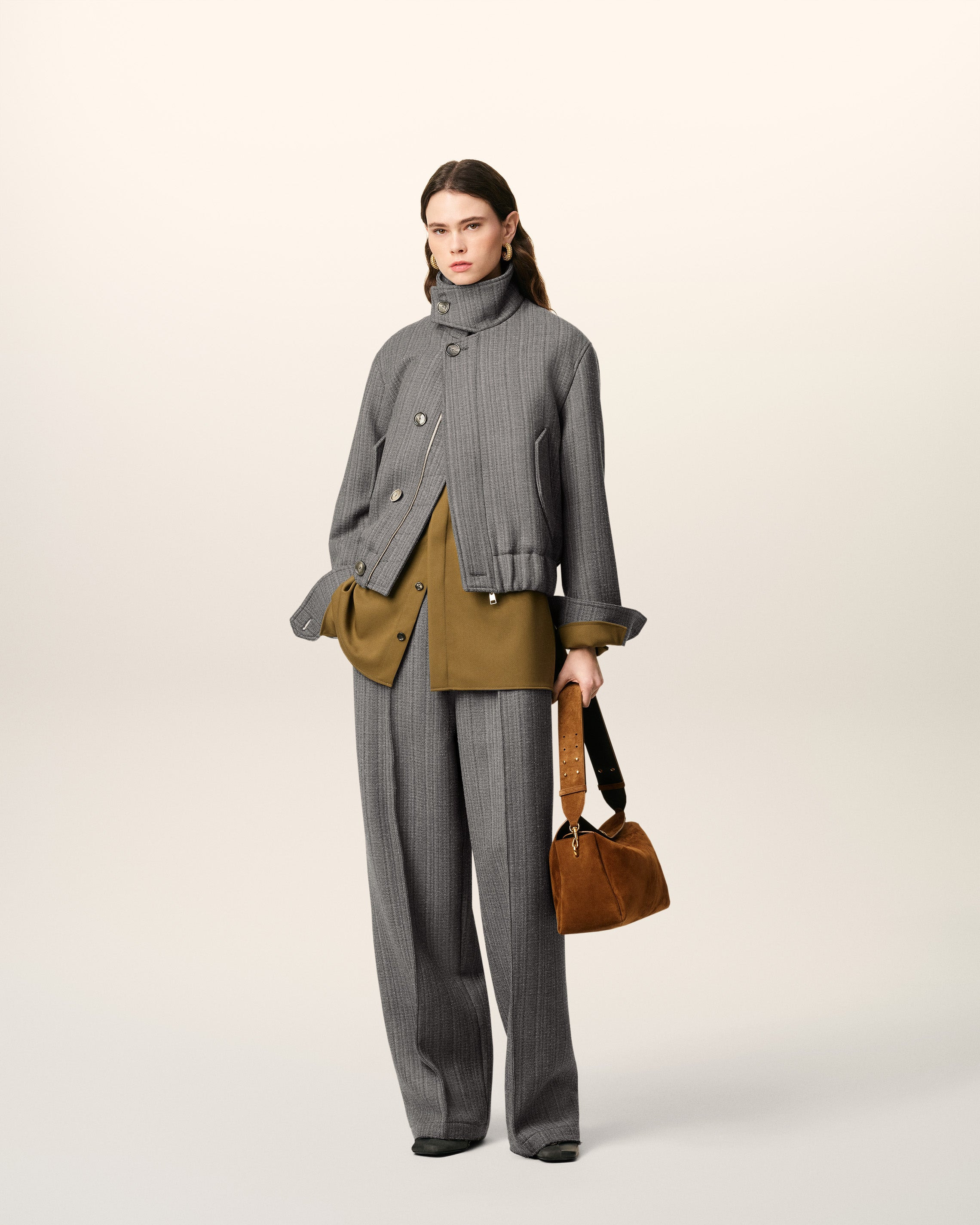 GREY WOOL HERRINGBONE ELASTICATED TROUSERS - 2