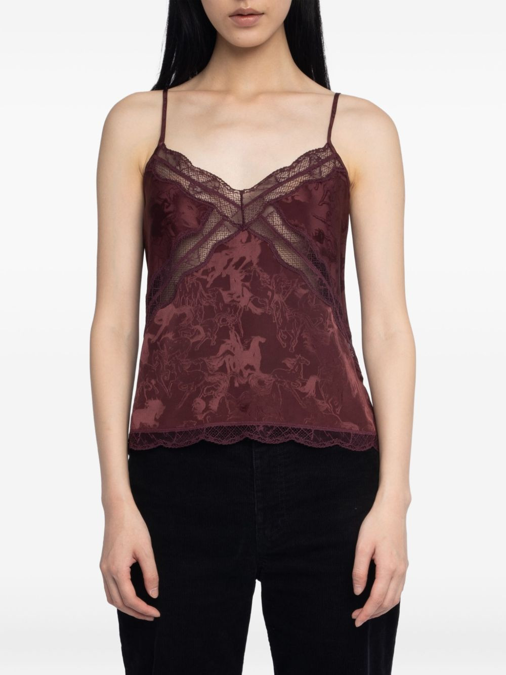 Cishi horse-jacquard lace-trim top - 4