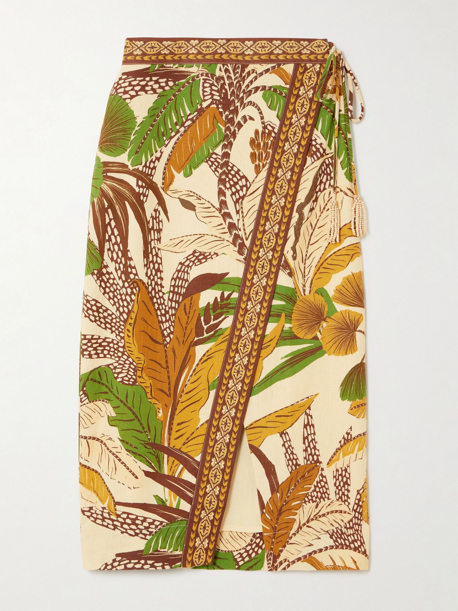 Tasseled printed linen-blend wrap midi skirt Beige - 1