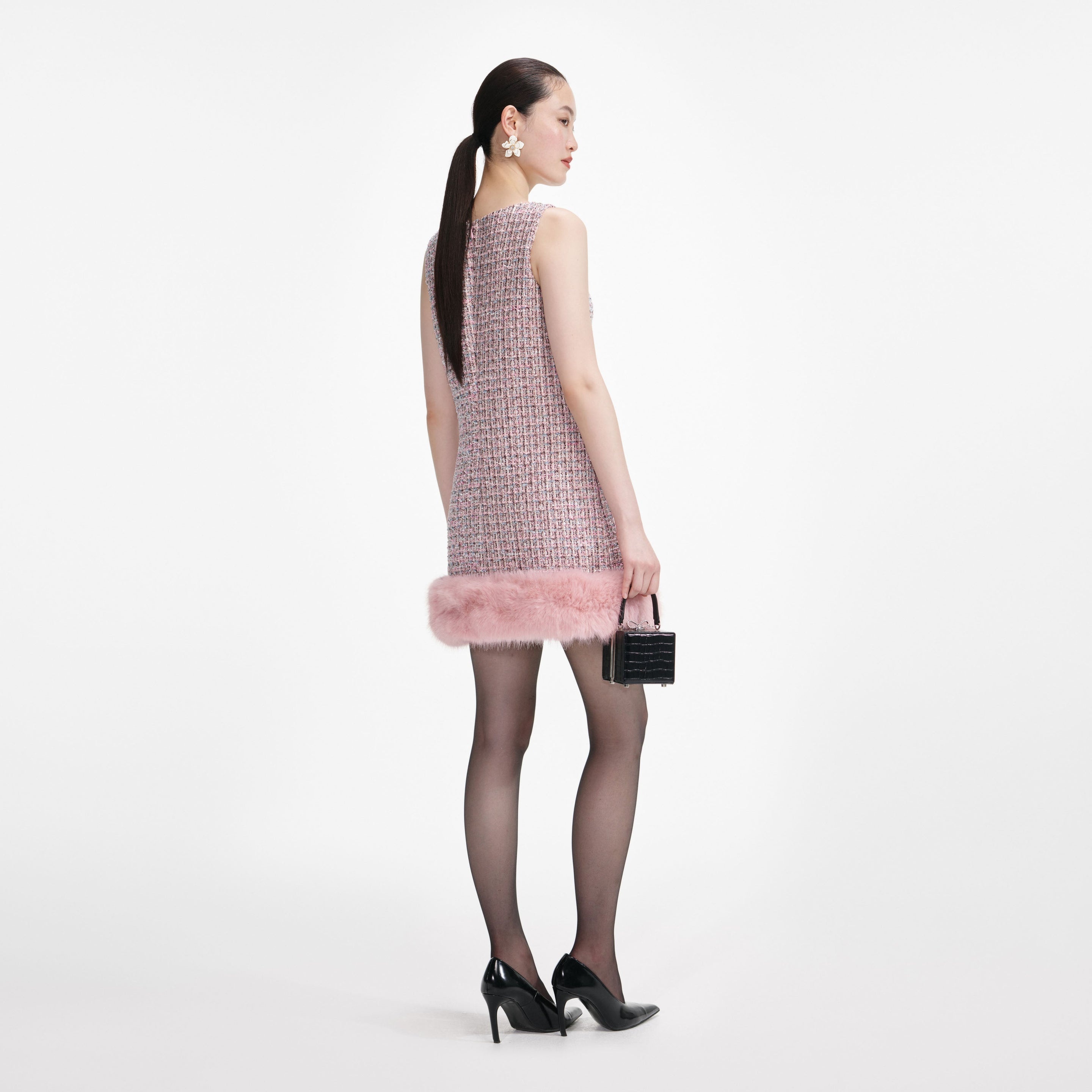 Pink Boucle Fur Hem Mini Dress - 3