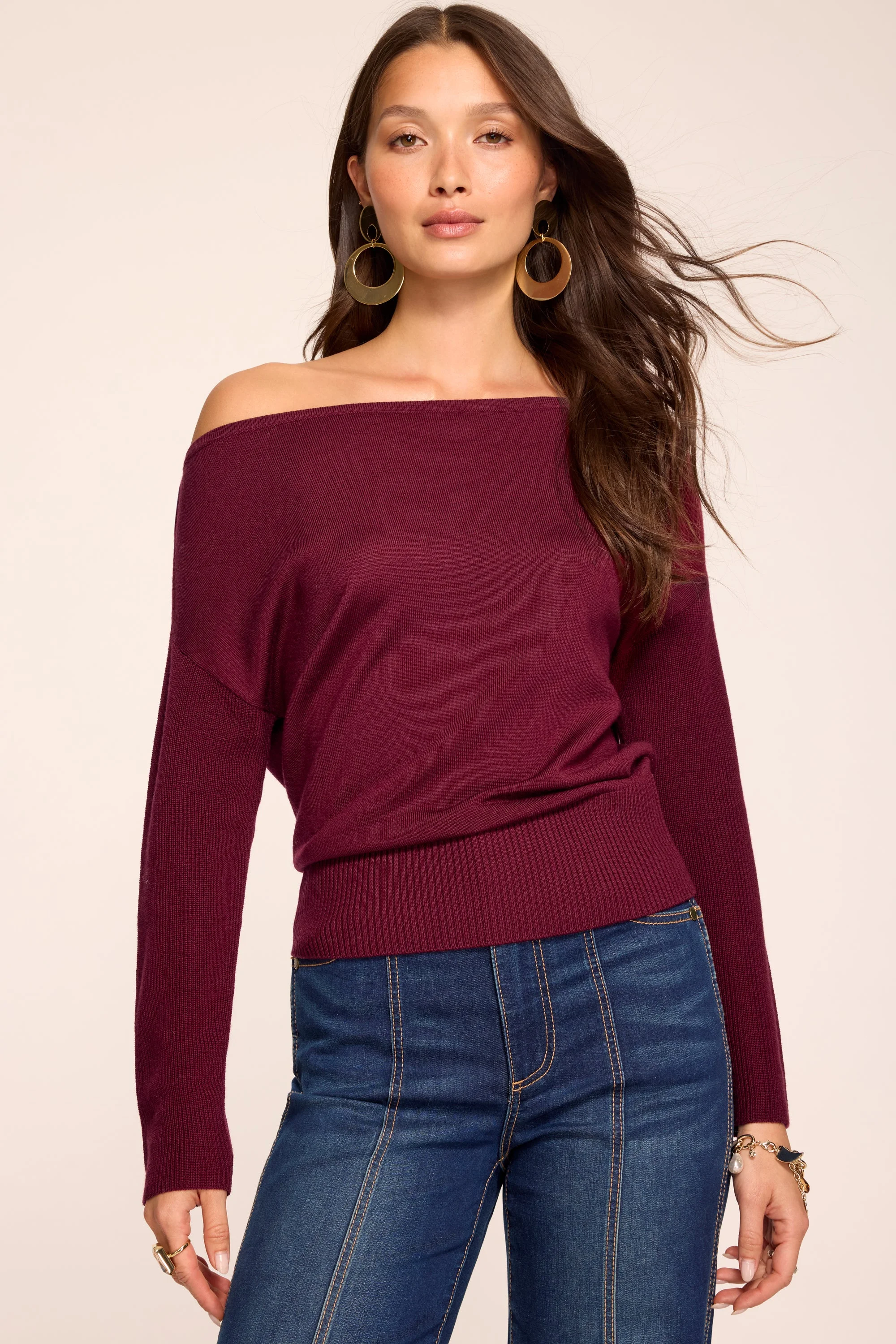 Chance Merino Off-The-Shoulder Sweater in Cranberry - 1