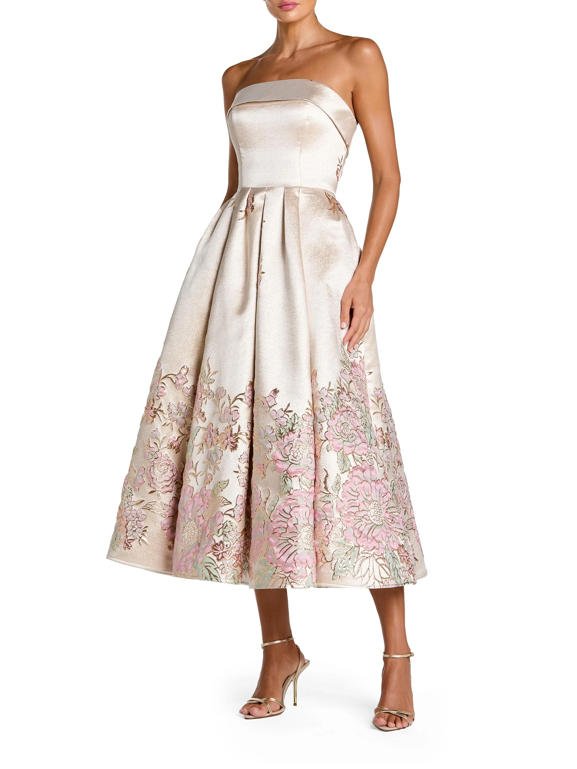 Women's Floral Brocade Strapless Midi-Cocktail Dress - Champagne Multi - 1