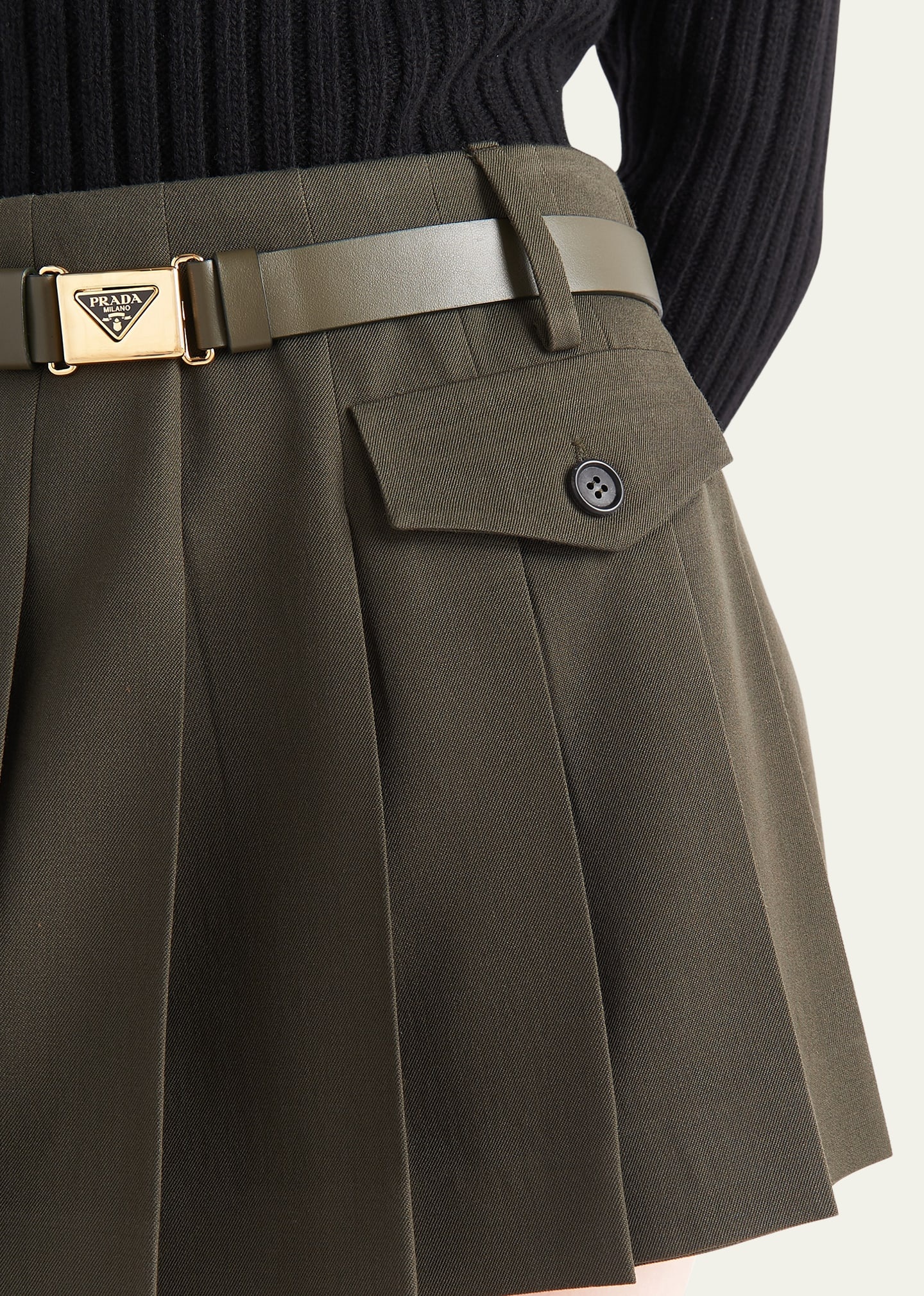 Pleated Gabardine Leather Belted Mini Skirt - 4