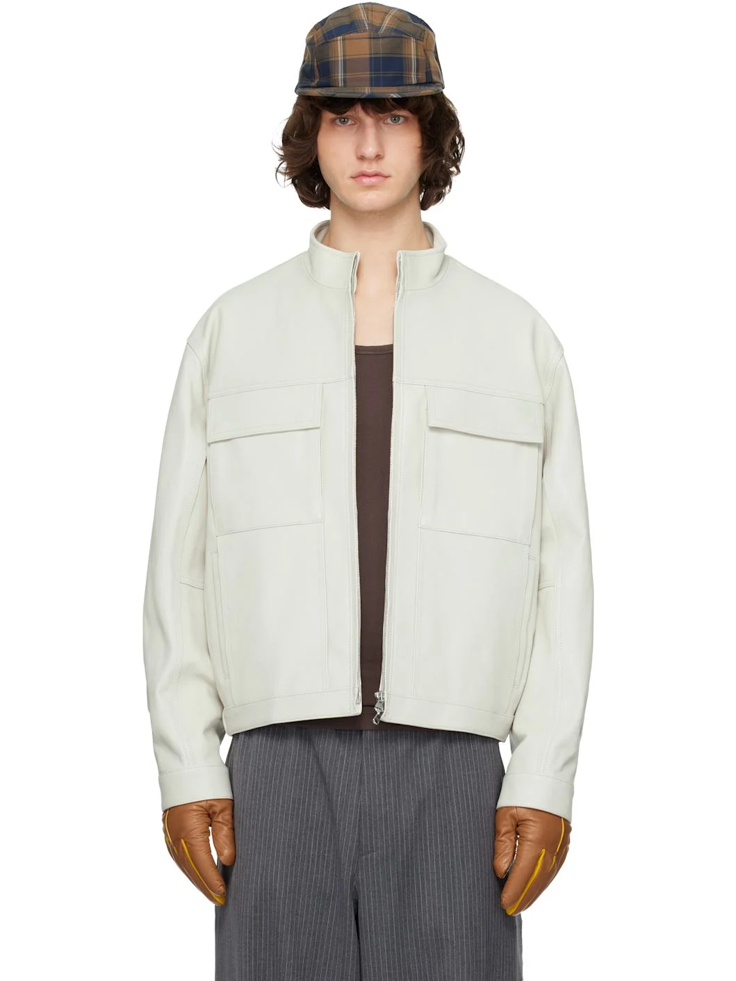 Off-White High-Neck Two-Pocket Leather Jacket - 1