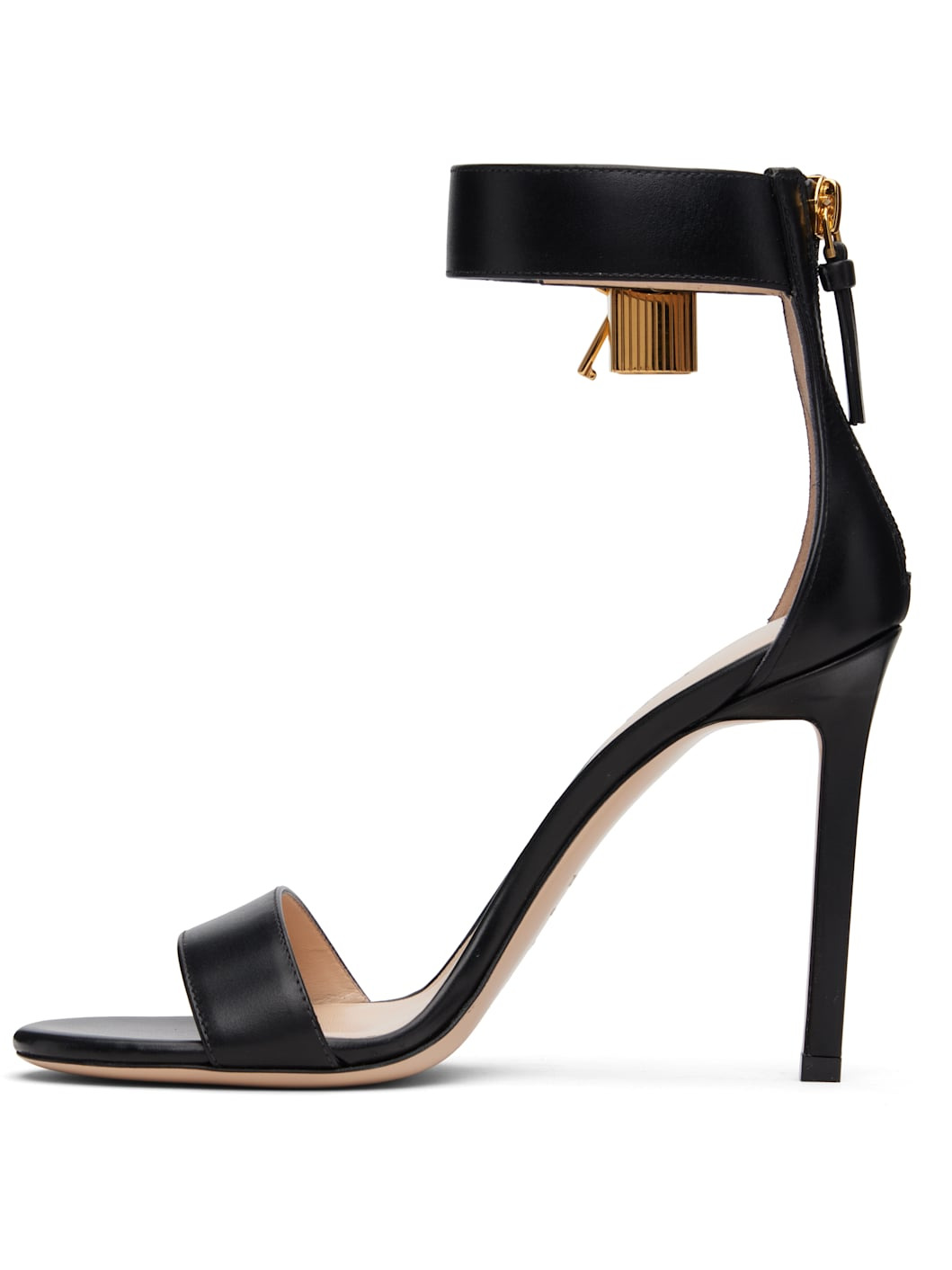 Black Leather Padlock Heeled Sandals - 3