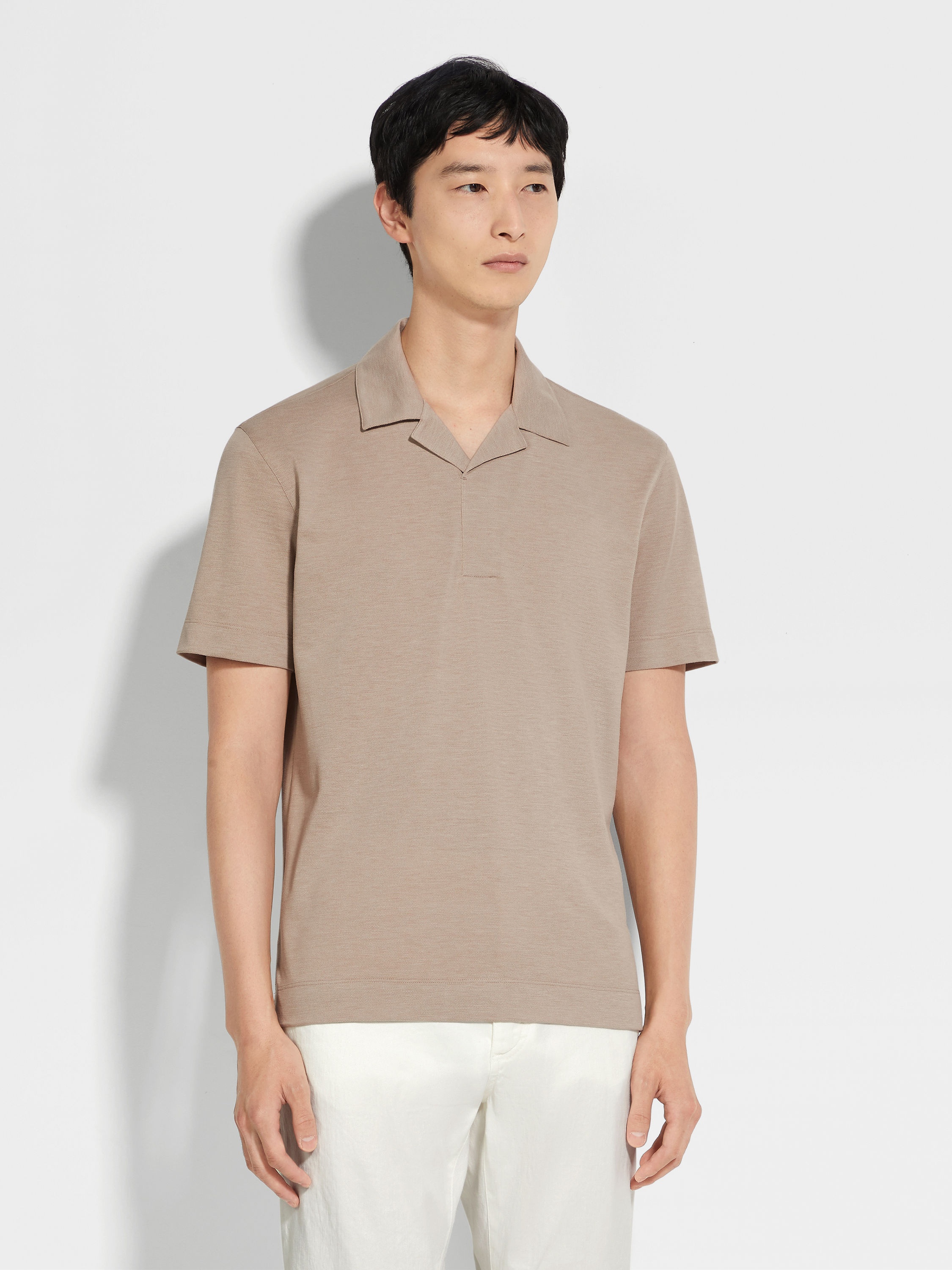 LIGHT TAUPE SILK AND COTTON PIQUET POLO SHIRT - 4