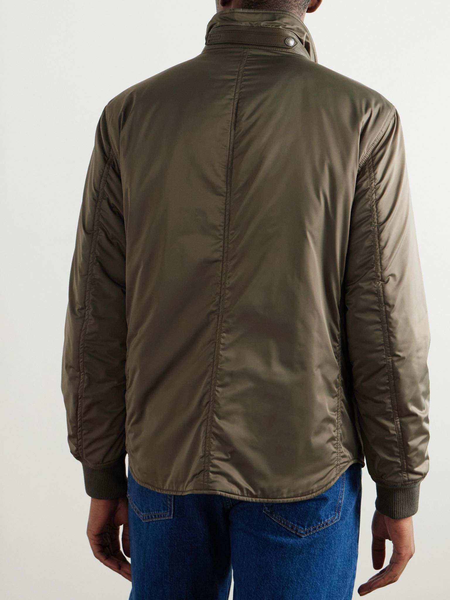 Padded Leather-Trimmed Satin Bomber Jacket Green - 3