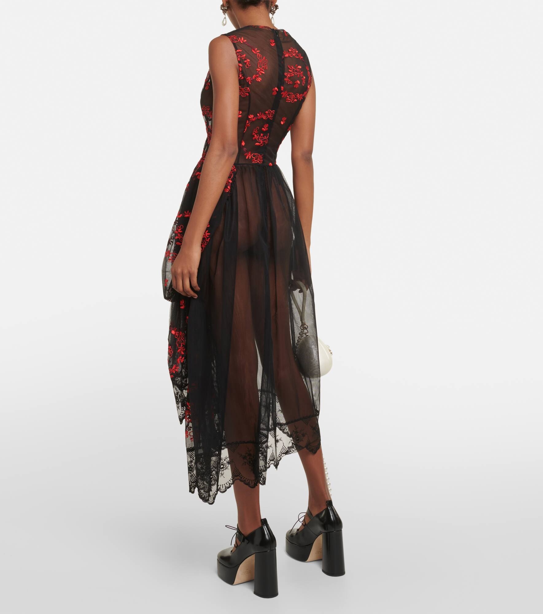 Floral embroidered tulle midi dress - 3