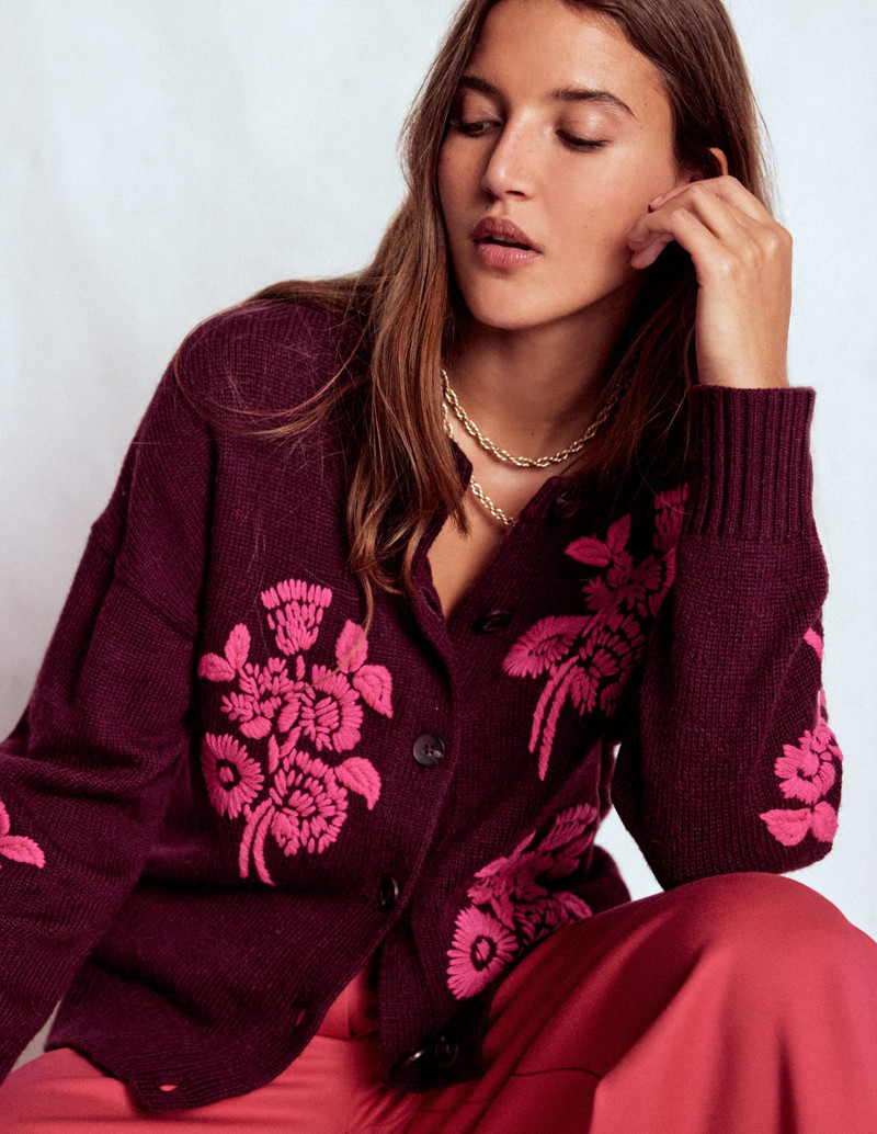 Natalie Embroidered Cardigan-Dark Cherry Bouquet 1