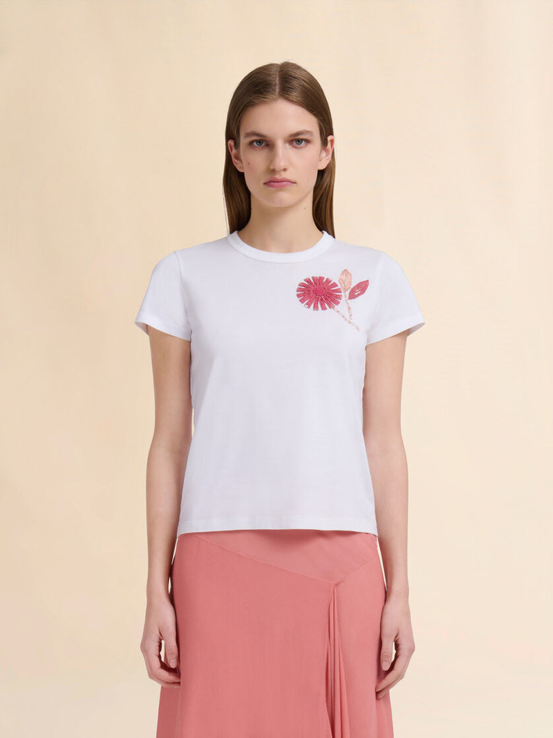Marni WHITE ORGANIC COTTON T-SHIRT WITH EMBROIDERED CAMELLIA outlook