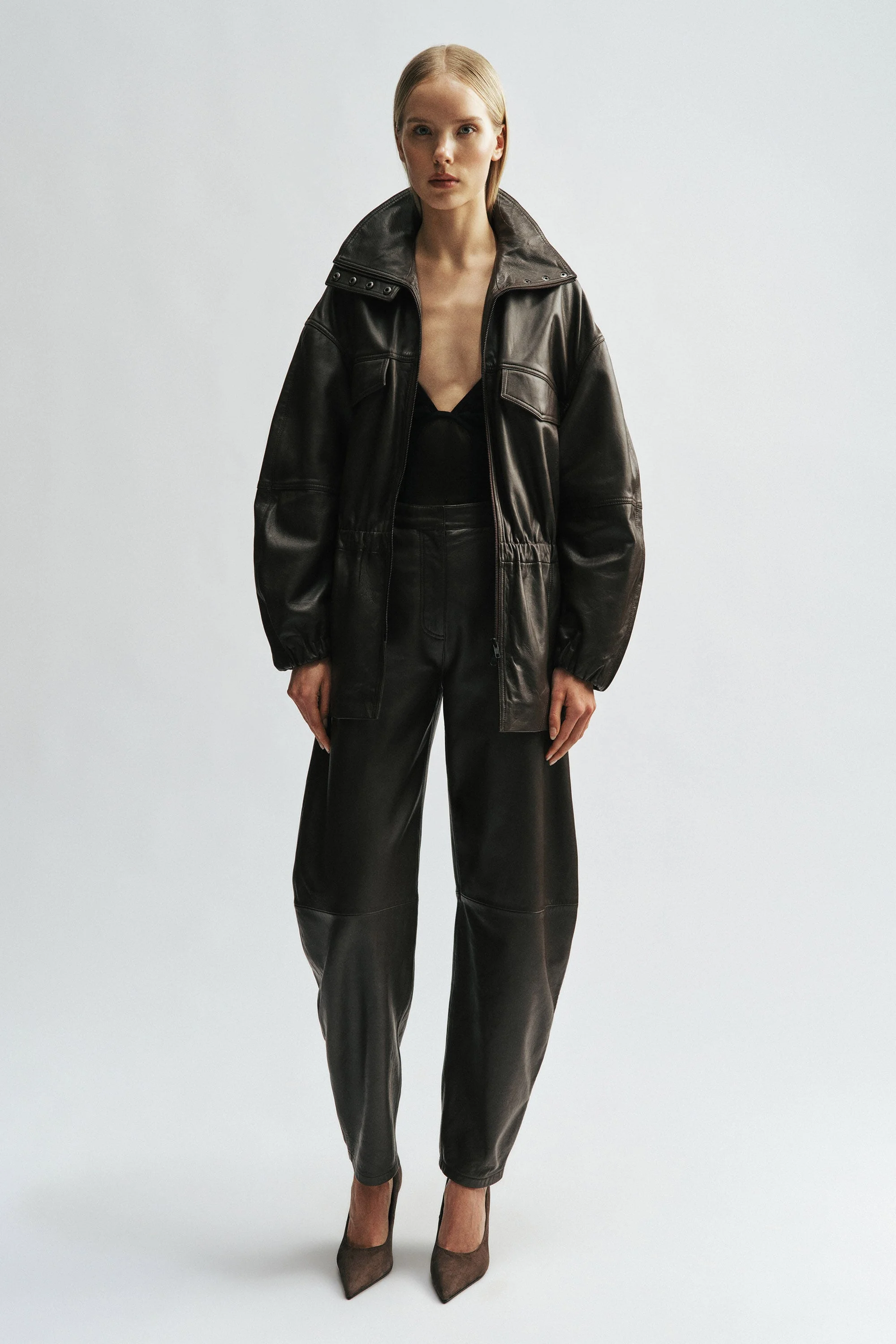 Ryan Leather Barrel Pant In Dark Chocolate - 1