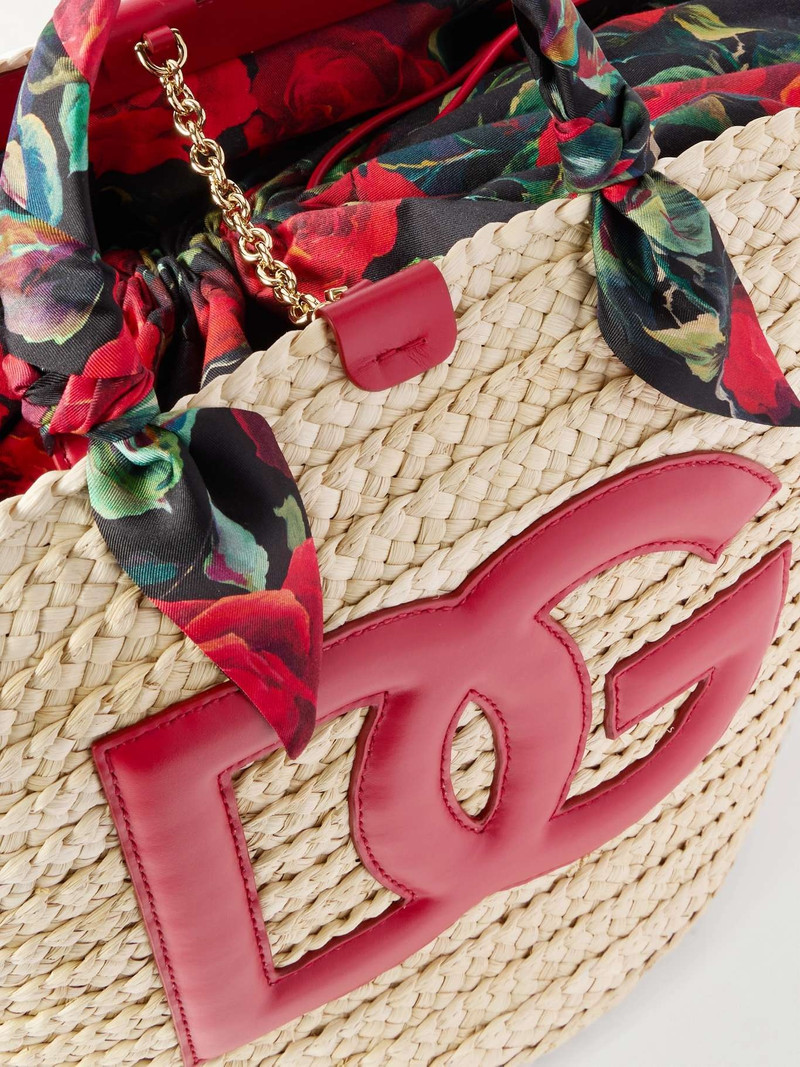 Kendra leather and floral-print satin twill-trimmed raffia tote 4