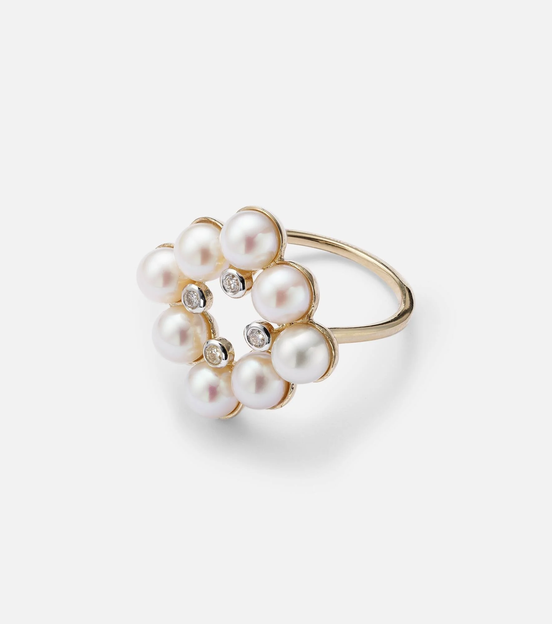 Cluster 14kt gold ring with pearls and diamonds - 1
