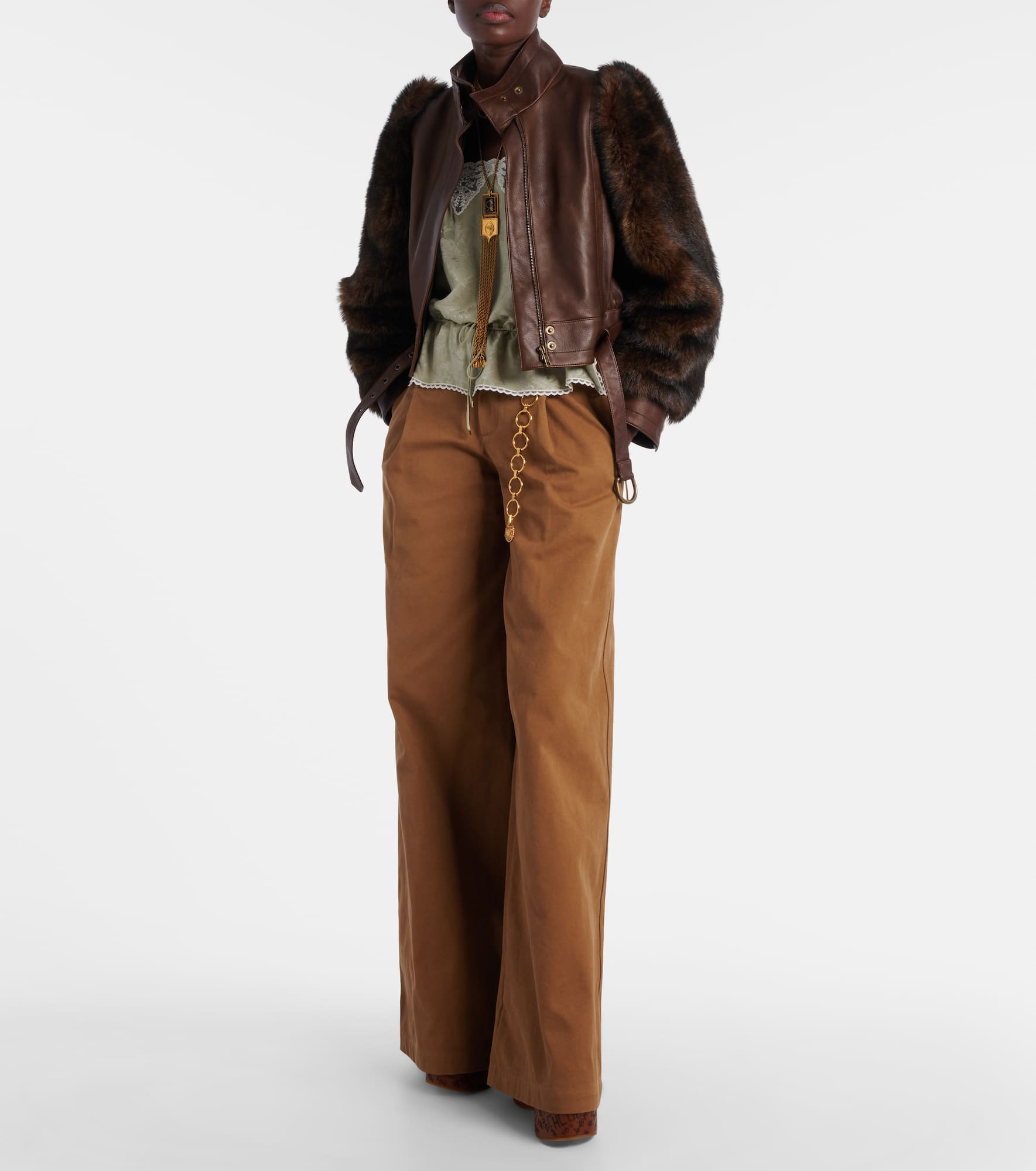 Cropped shearling-trimmed leather jacket - 2