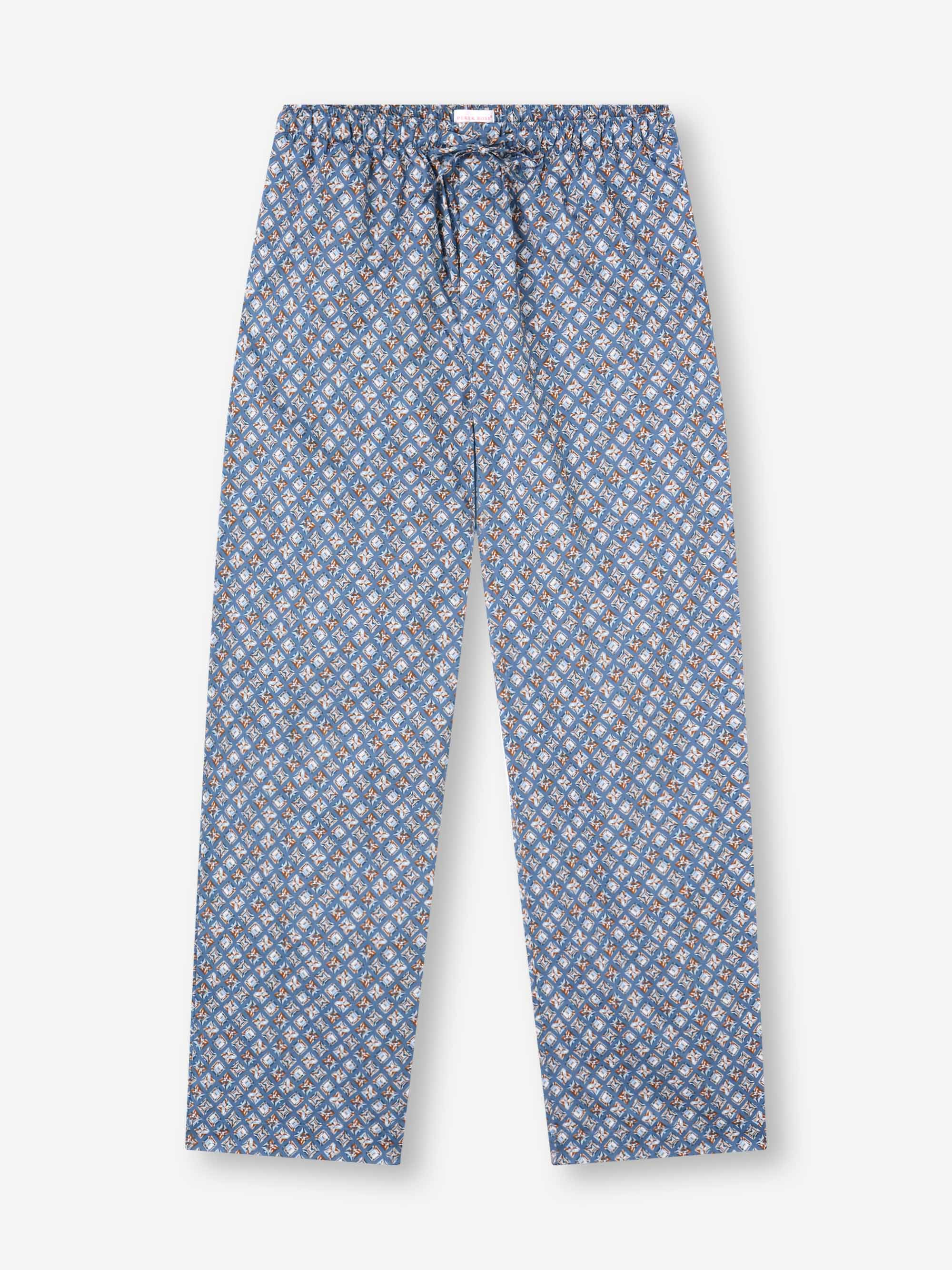 Men's Lounge Pants Cotton Batiste Blue Multicolor Diamond Print - 2