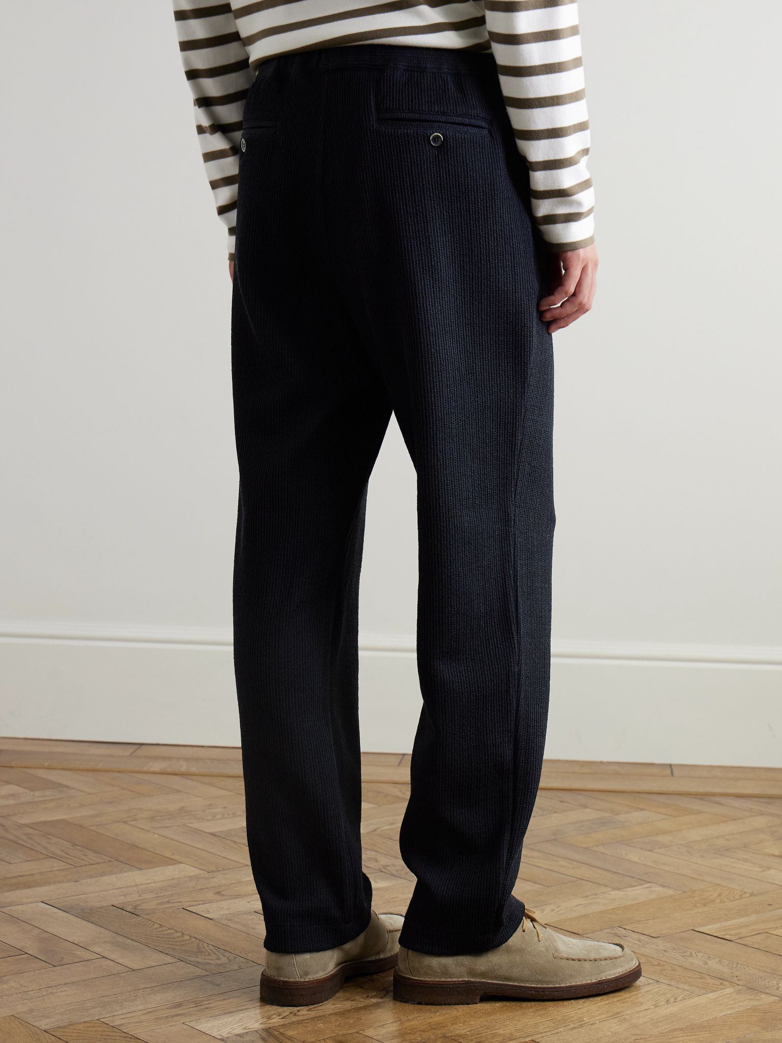 Straight-Leg Ribbed-Knit Drawstring Trousers Navy - 4