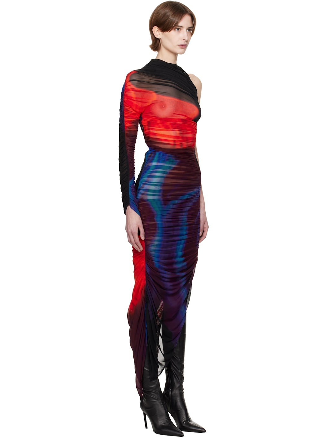 Multicolor Floral Print Pierced Ruched Midi Dress - 2