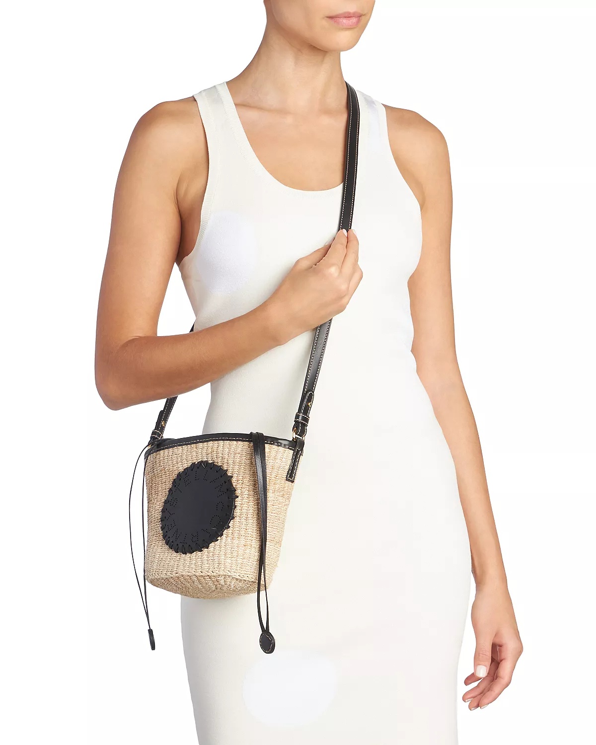 Stella McCartney Raffia Crossbody Logo Bucket Bag