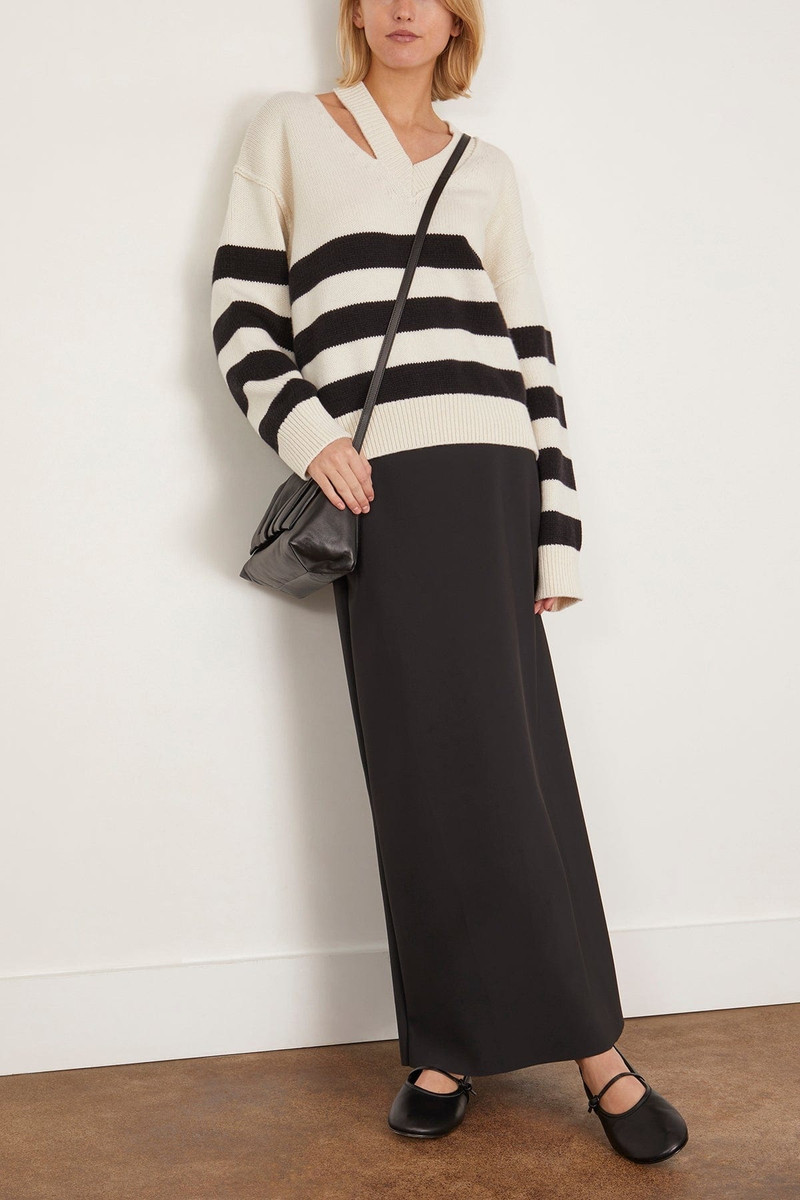 RÓHE Deconstructed Cashmere Knitted Breton V-Neck in Off White/Black White Stripe outlook