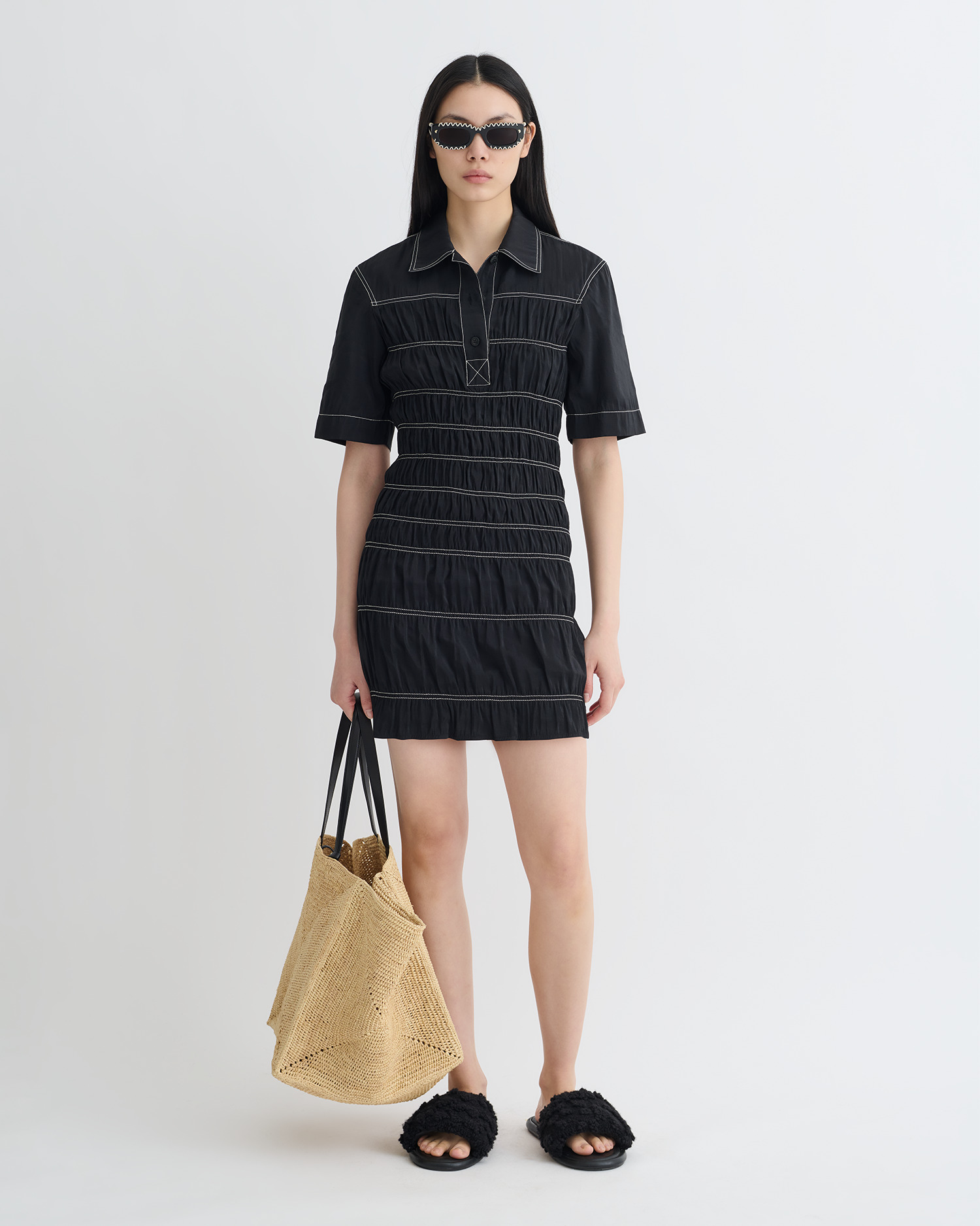 Smocked Glass Poplin Mini Dress - 4