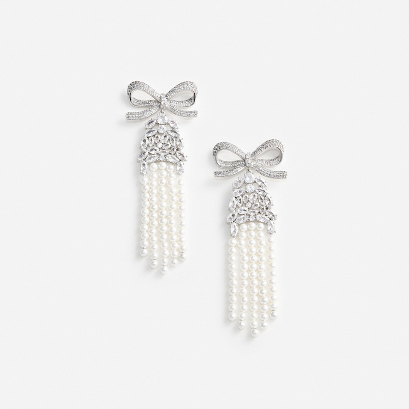 Crystal Bow Pearl Droplet Earrings - 1