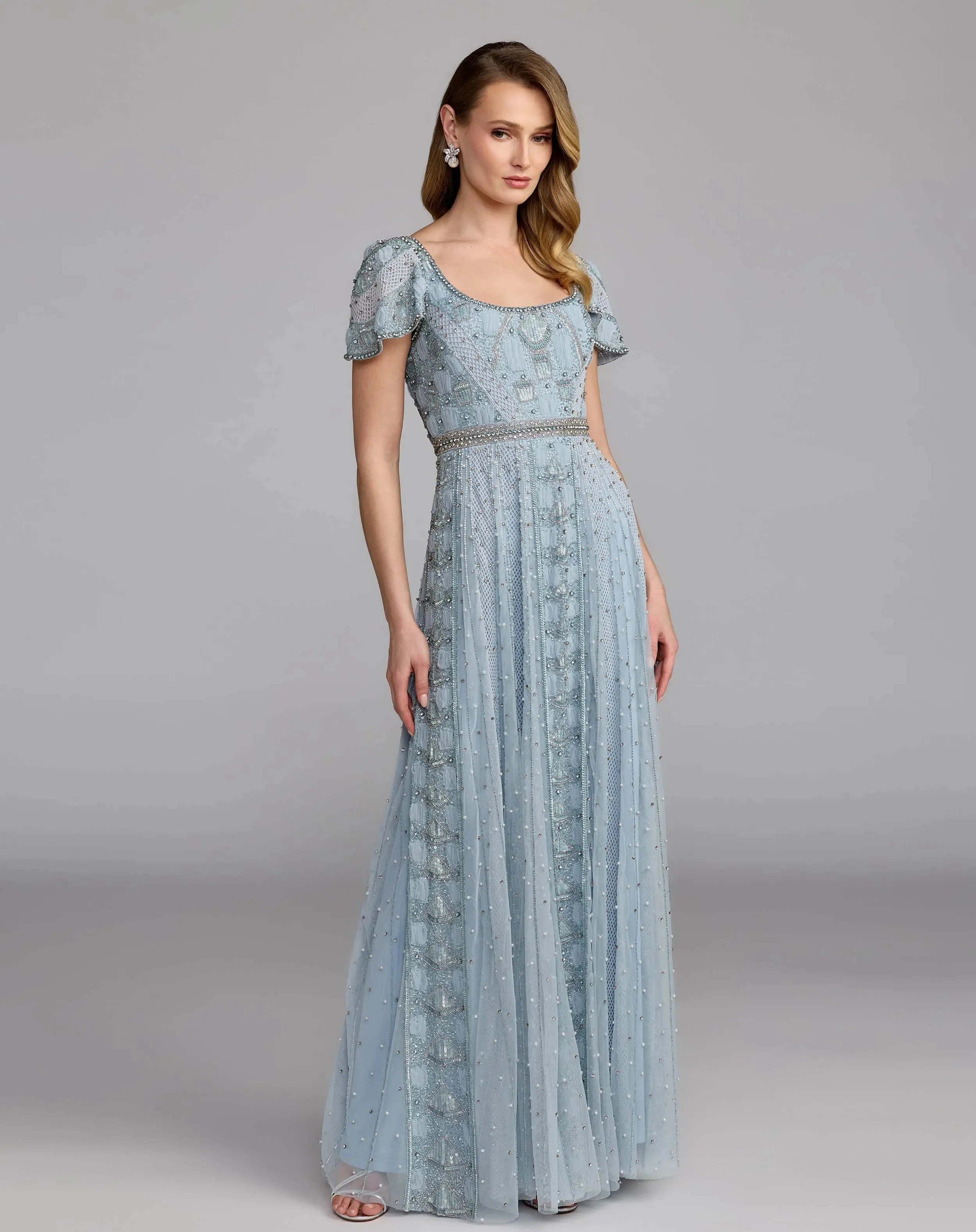 Slate Blue Short Sleeve Scoop Neck Embellished Gown - 1