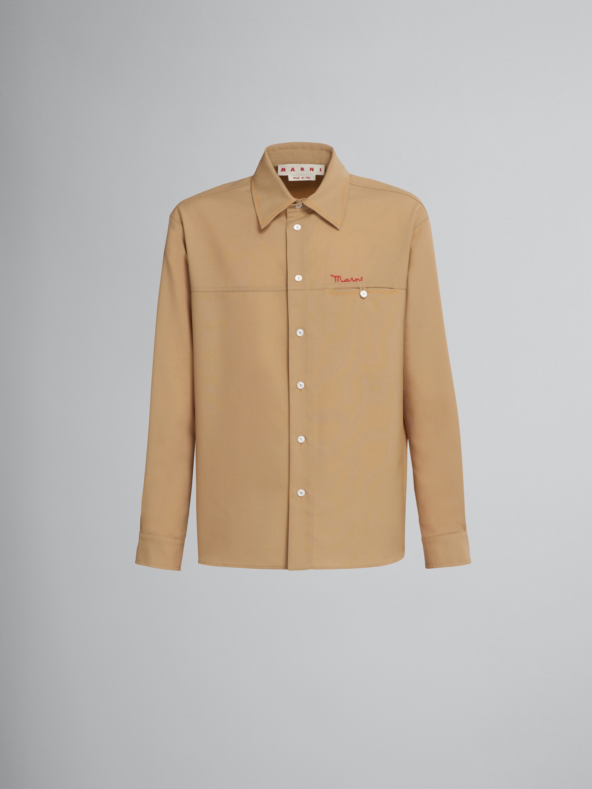 BEIGE TROPICAL WOOL SHIRT WITH EMBROIDERED LOGO - 1