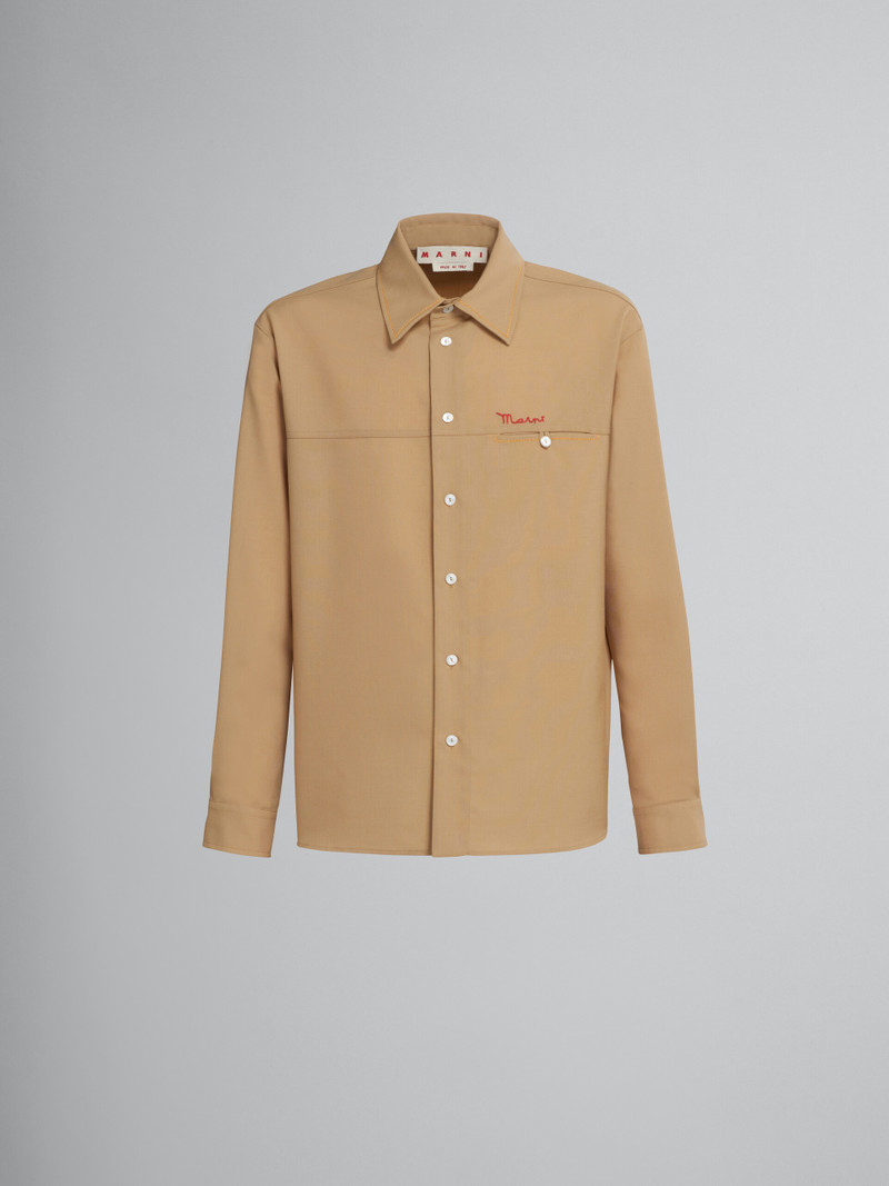 BEIGE TROPICAL WOOL SHIRT WITH EMBROIDERED LOGO 1