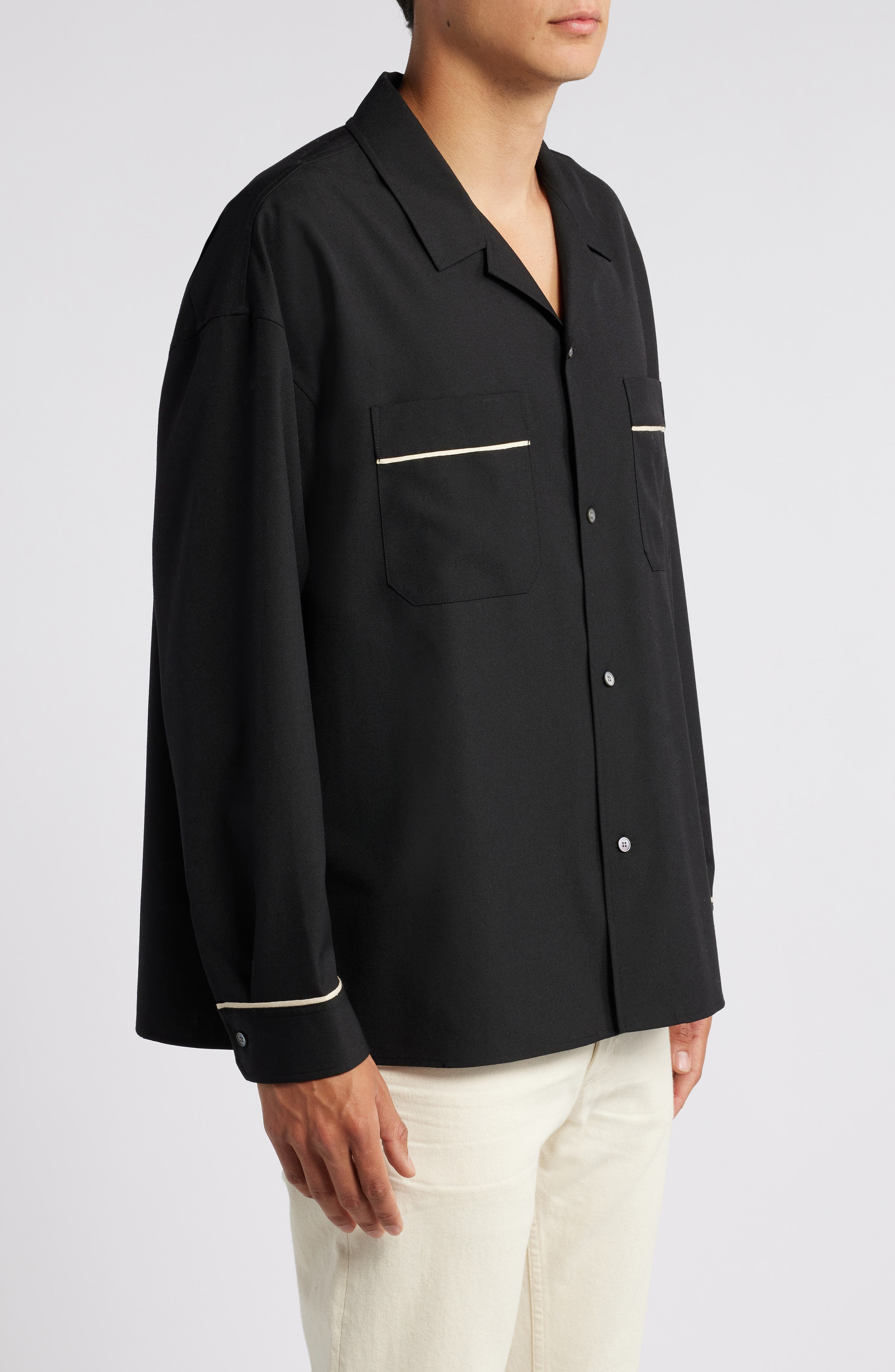 FRAME Long Sleeve Camp Shirt in Black at Nordstrom - 4