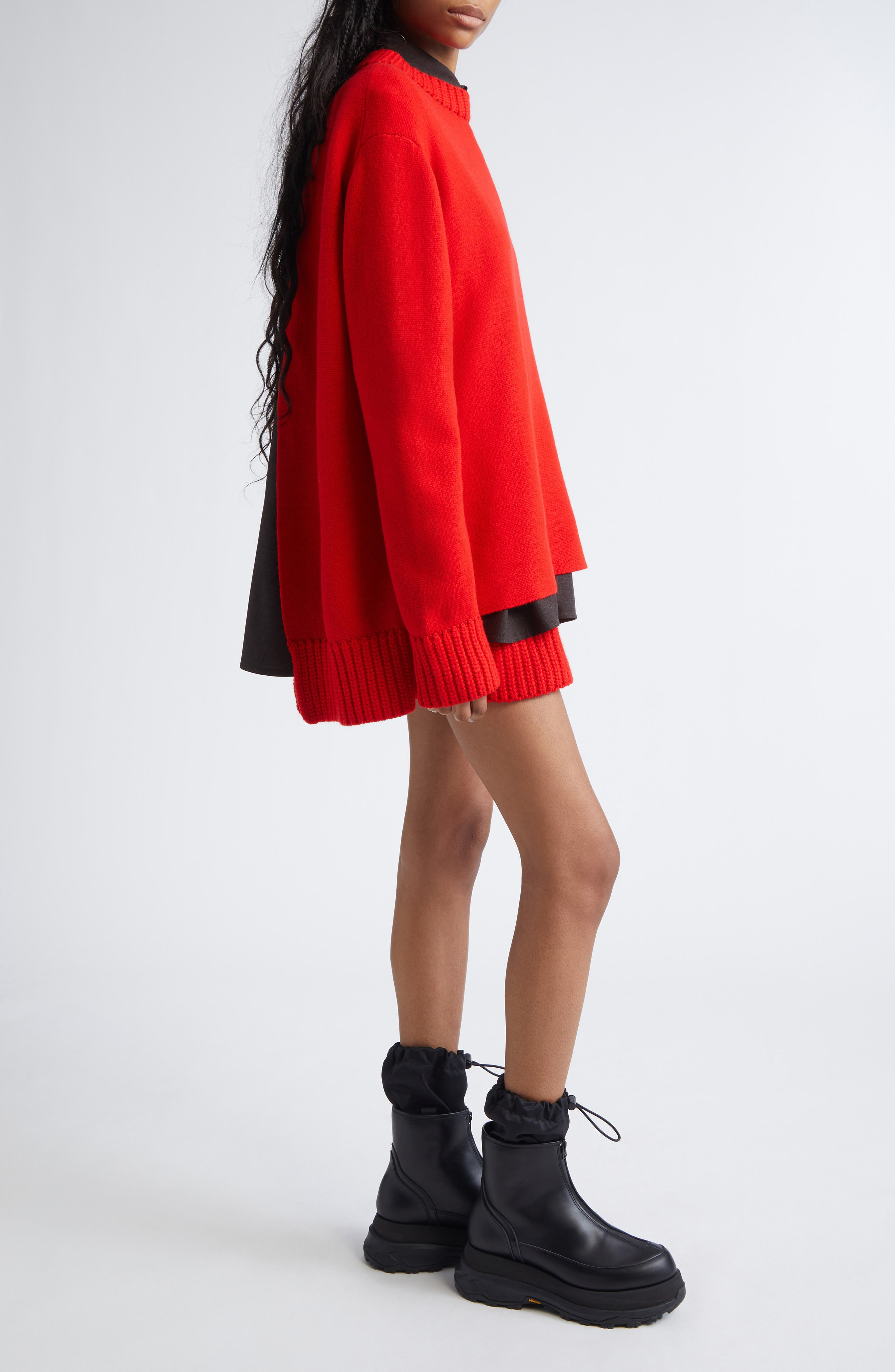 Sacai Mixed Media Long Sleeve Wool Suiting & Knit Sweater Dress in Red/Brown at Nordstrom - 3
