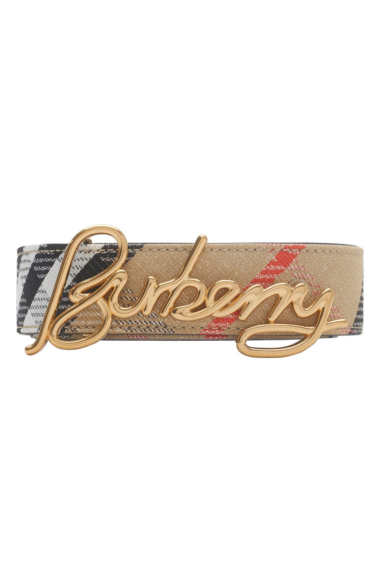 burberry Signature Buckle Reversible Belt in Sand Check/Black at Nordstrom - 1