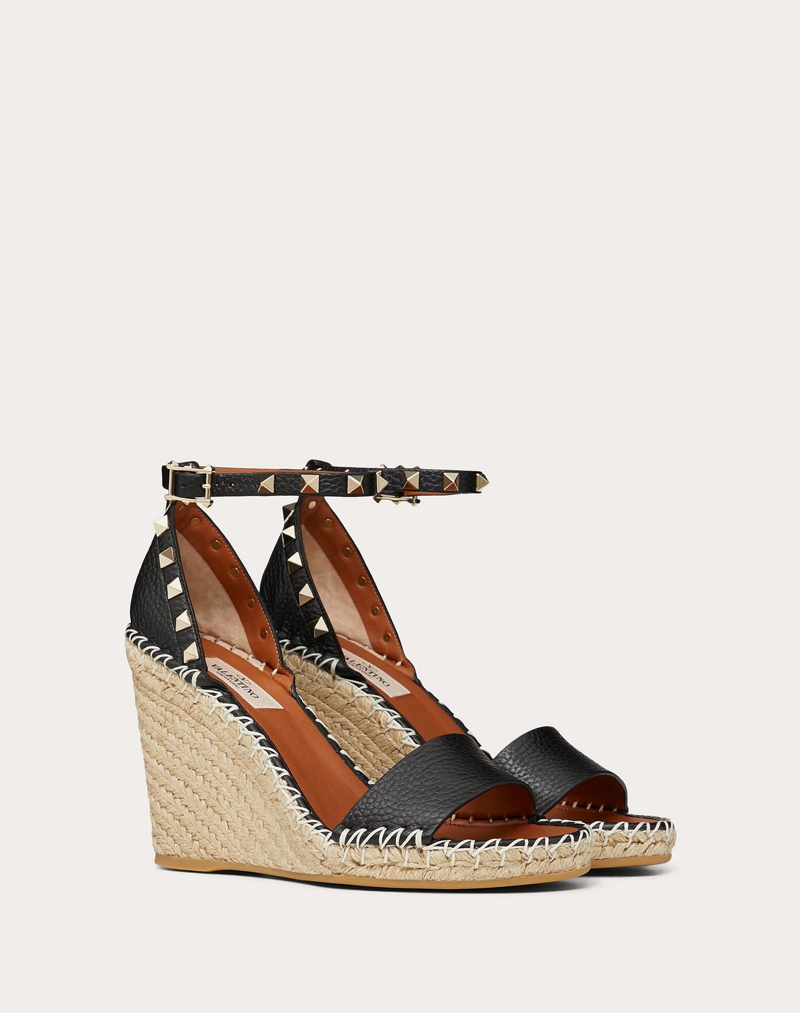 Grain Calfskin Leather Rockstud Double Wedge Sandal 95mm - 2