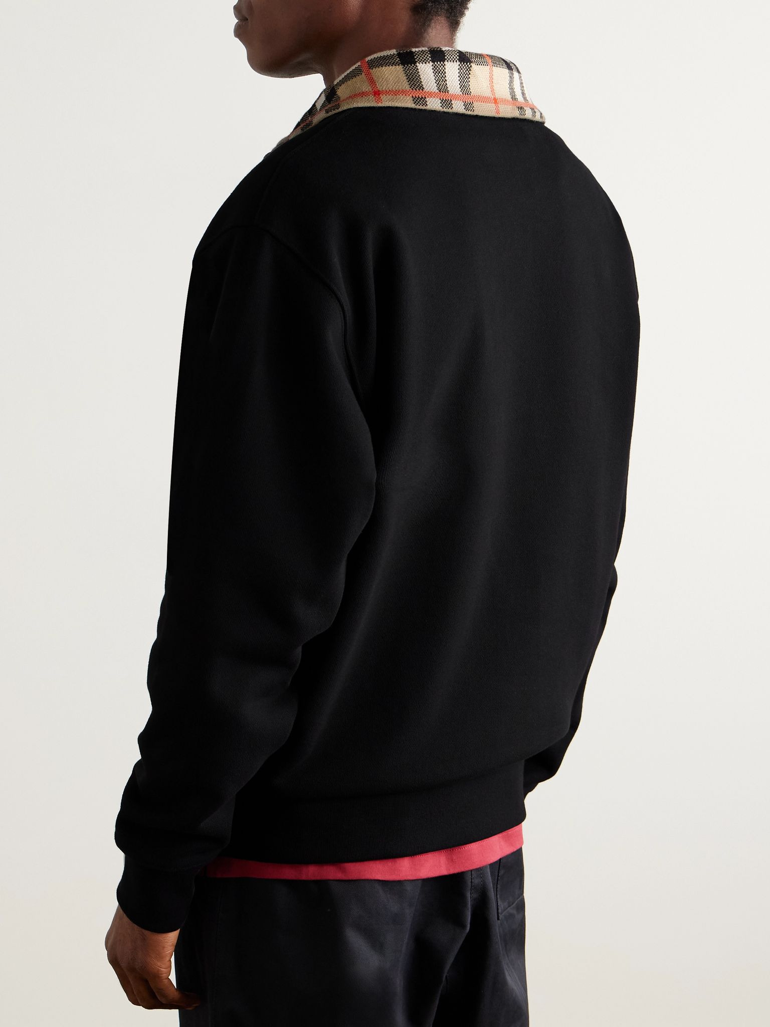 Jacquard-Knit Trimmed Logo-Embroidered Cotton-Jersey Half-Zip Polo Shirt Black - 3