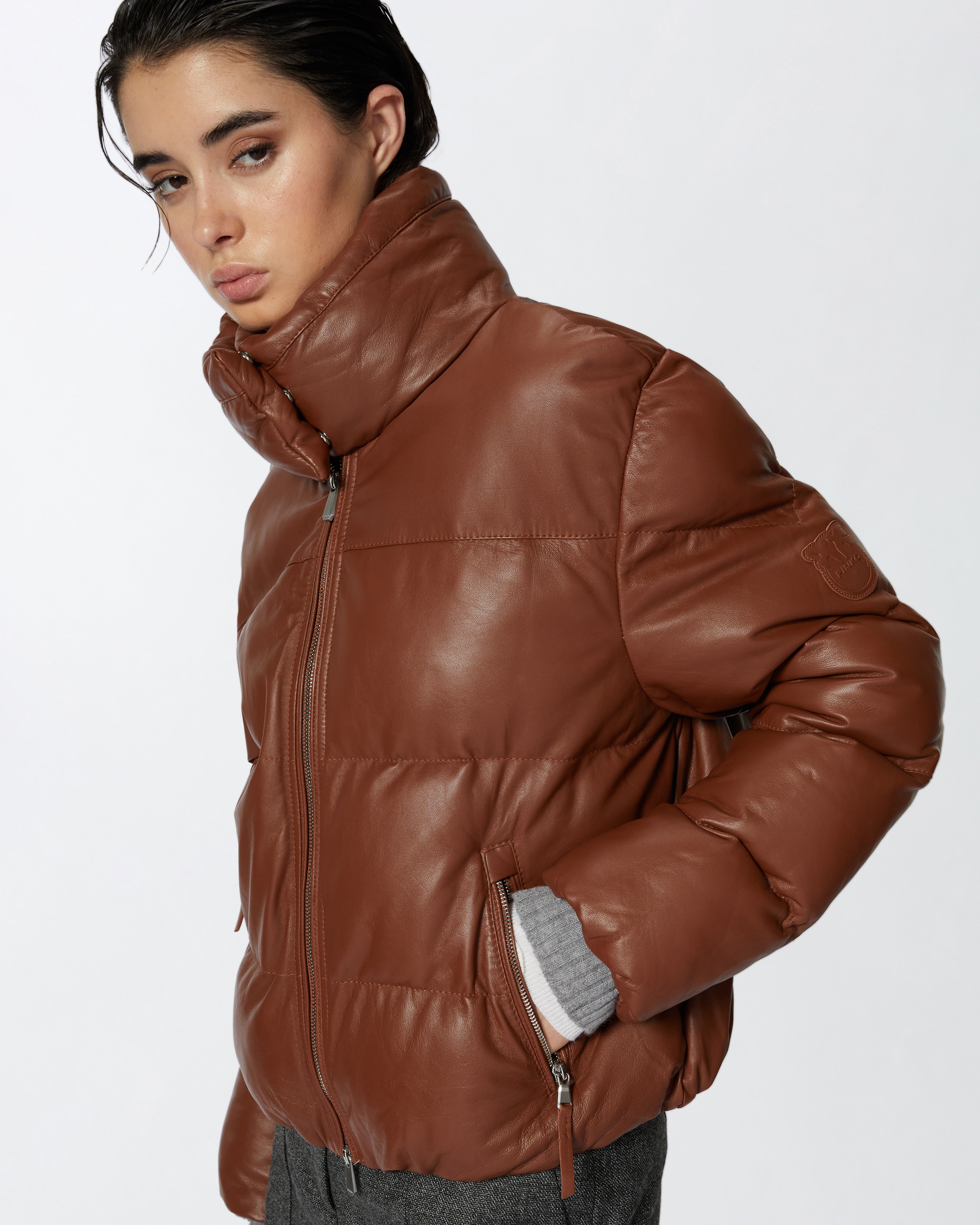 SHORT PADDED LEATHER HIGH-NECK JACKET - 5