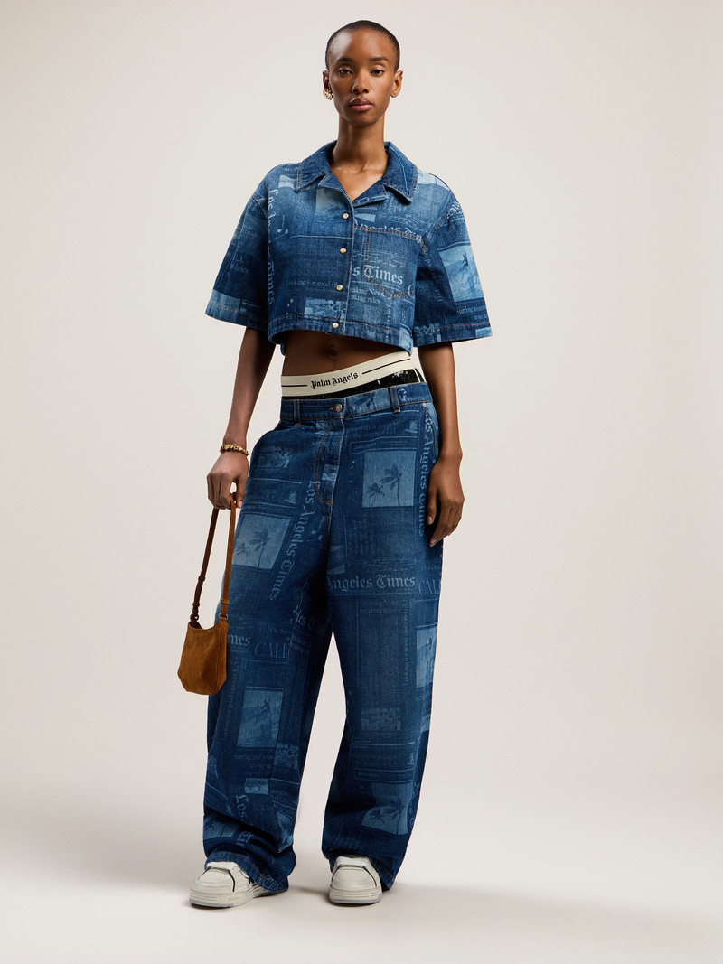 Newspaper Print Denim Shirt 1