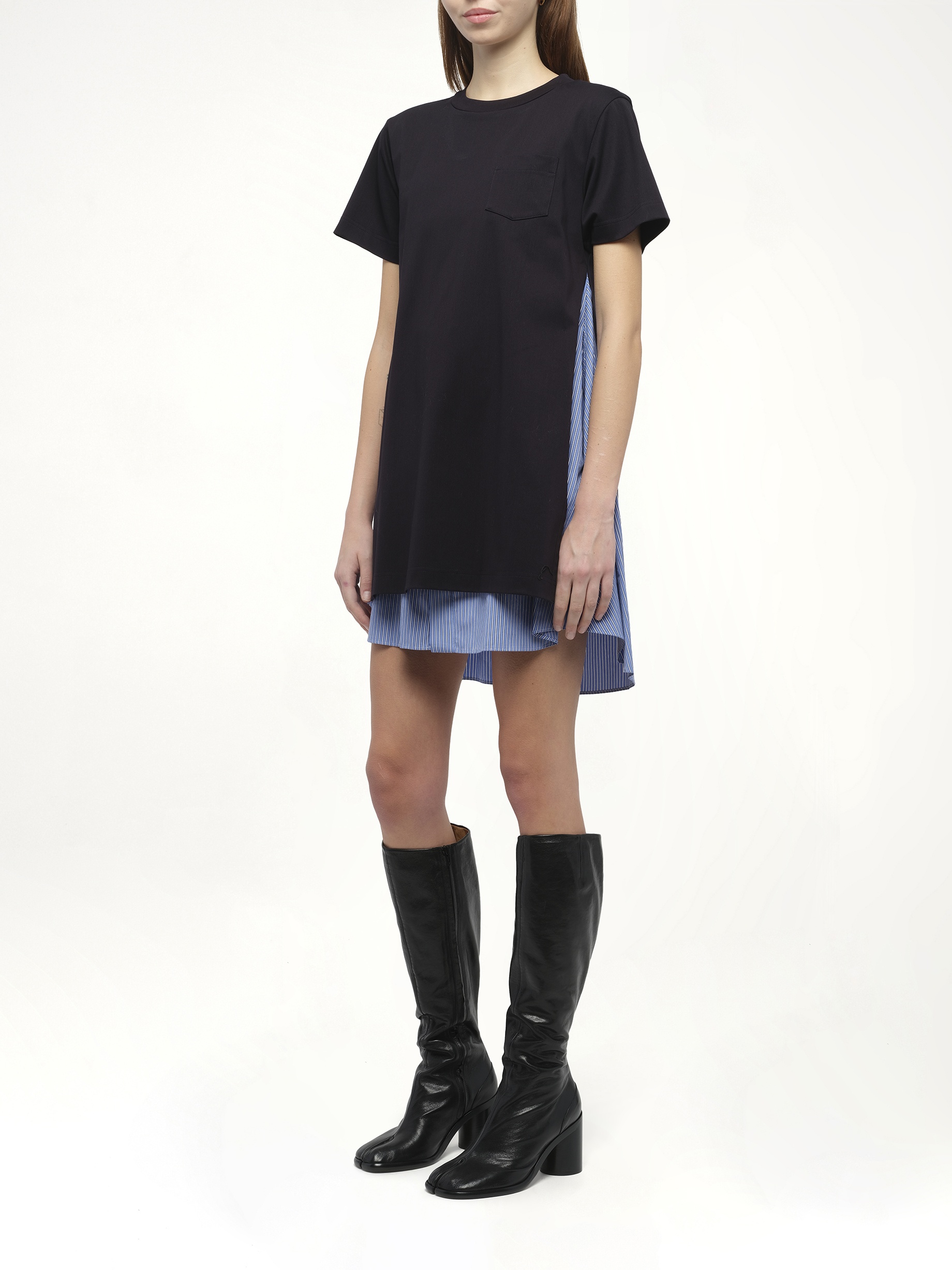 Poplin x Cotton Jersey Dress in Navy/Blue Stripe - 4