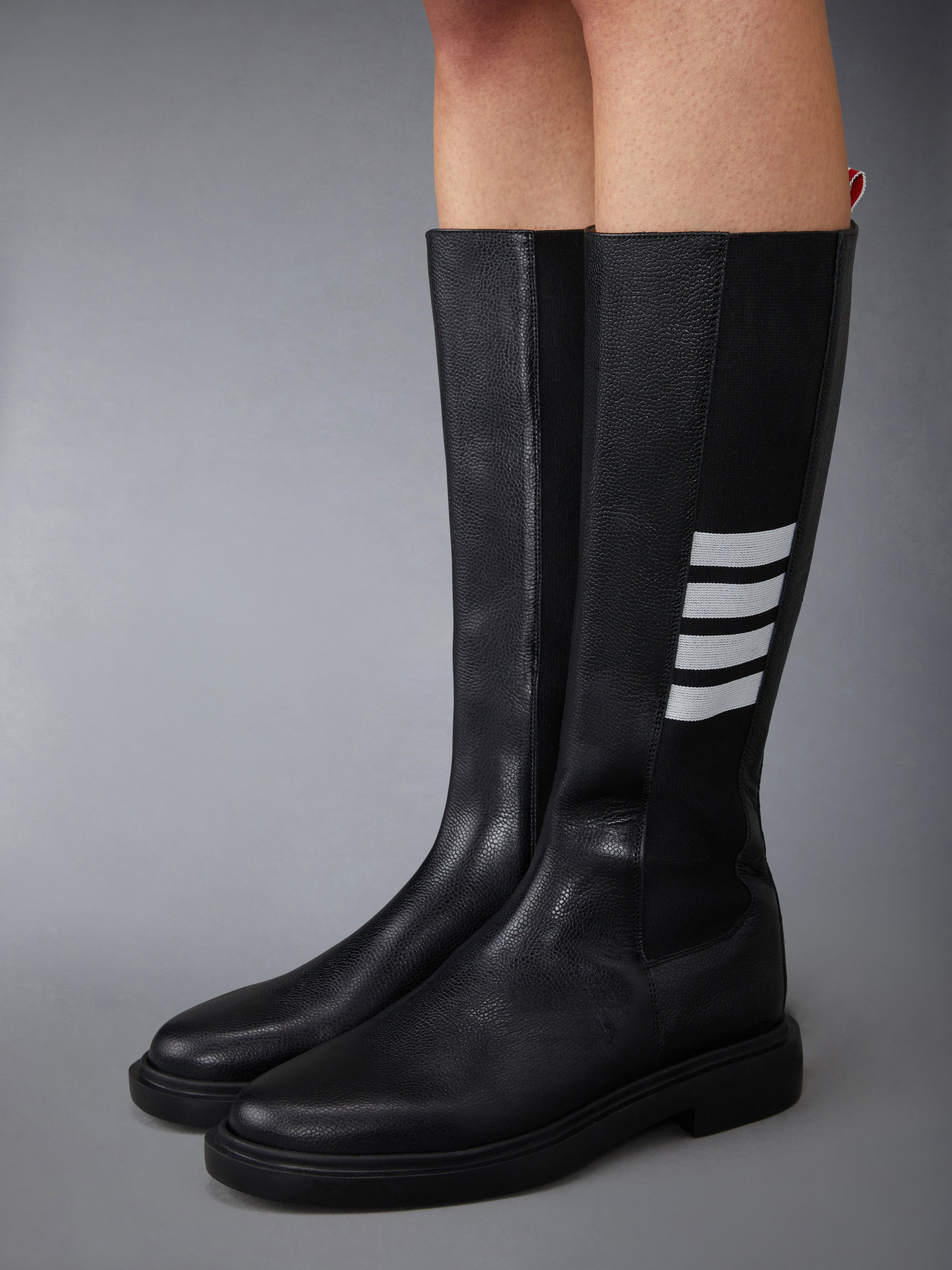Black Pebble Grain Leather 4-Bar Lightweight Rubber Sole Knee High Chelsea Boot - 4
