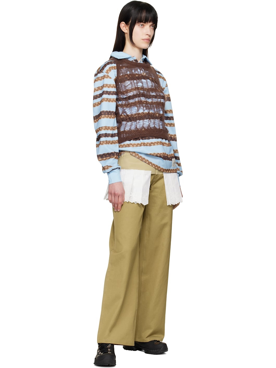 Beige & White Lace Pleats Skirt Trousers - 4