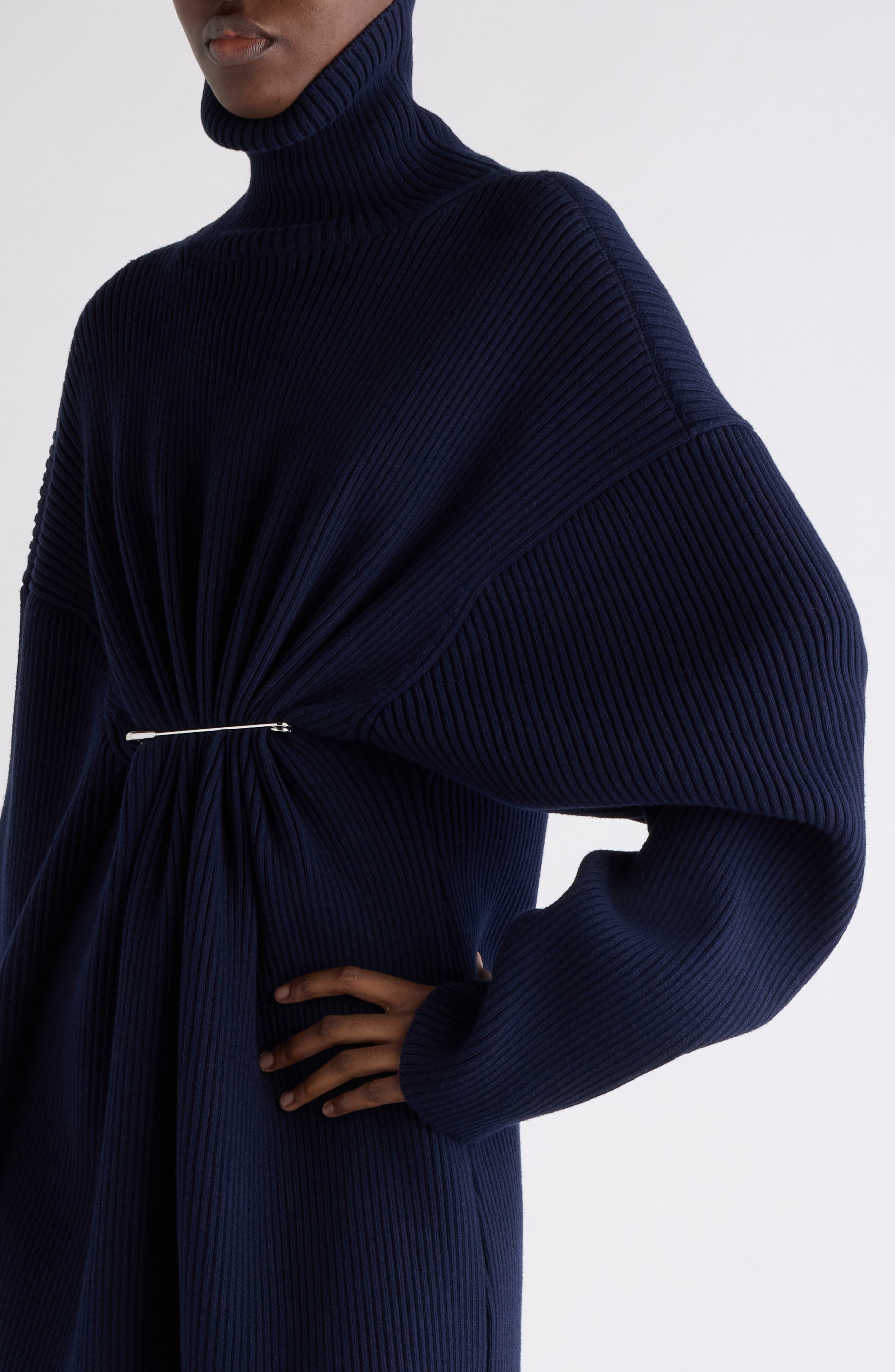 Balenciaga Pinched Long Sleeve Wool Rib Dress in 4140 Navy at Nordstrom - 5