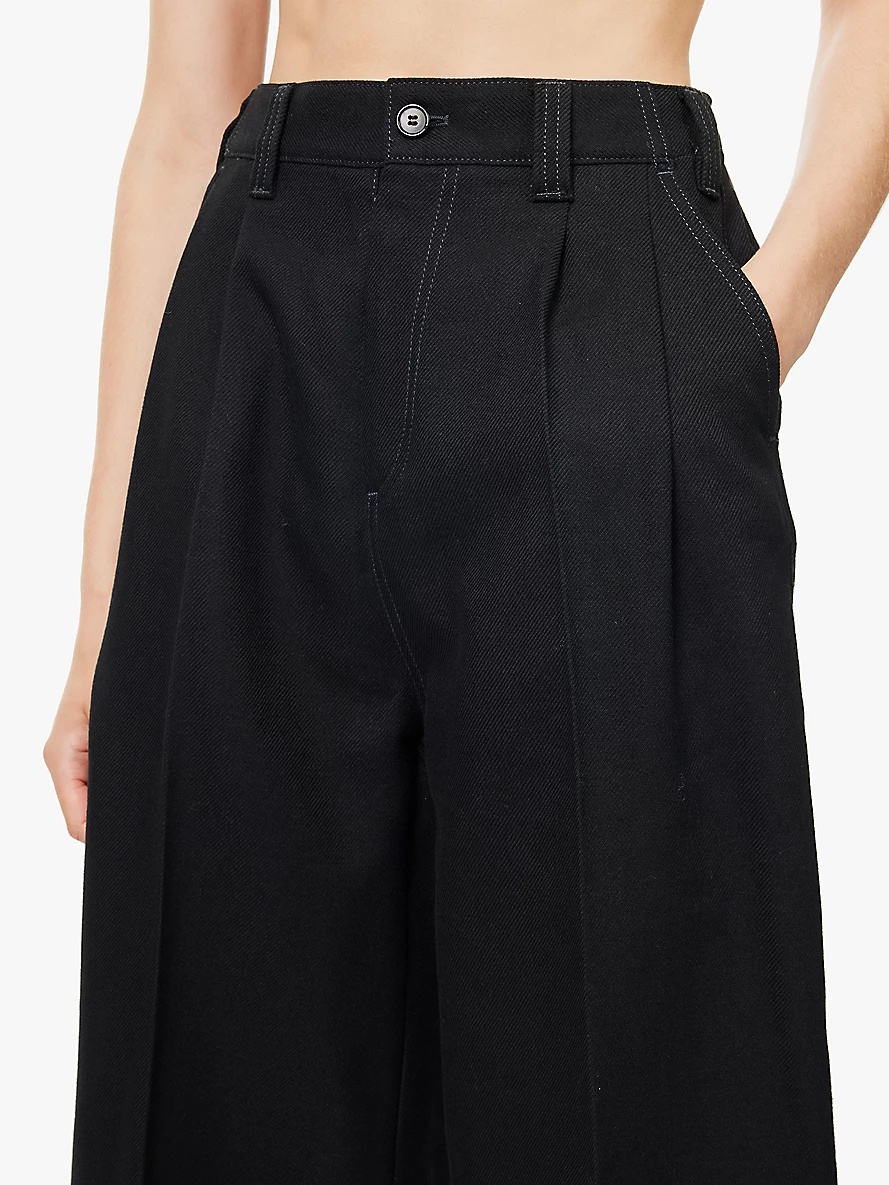 Twill-texture elasticated waistband wide-leg high-rise cotton and wool trousers - 5