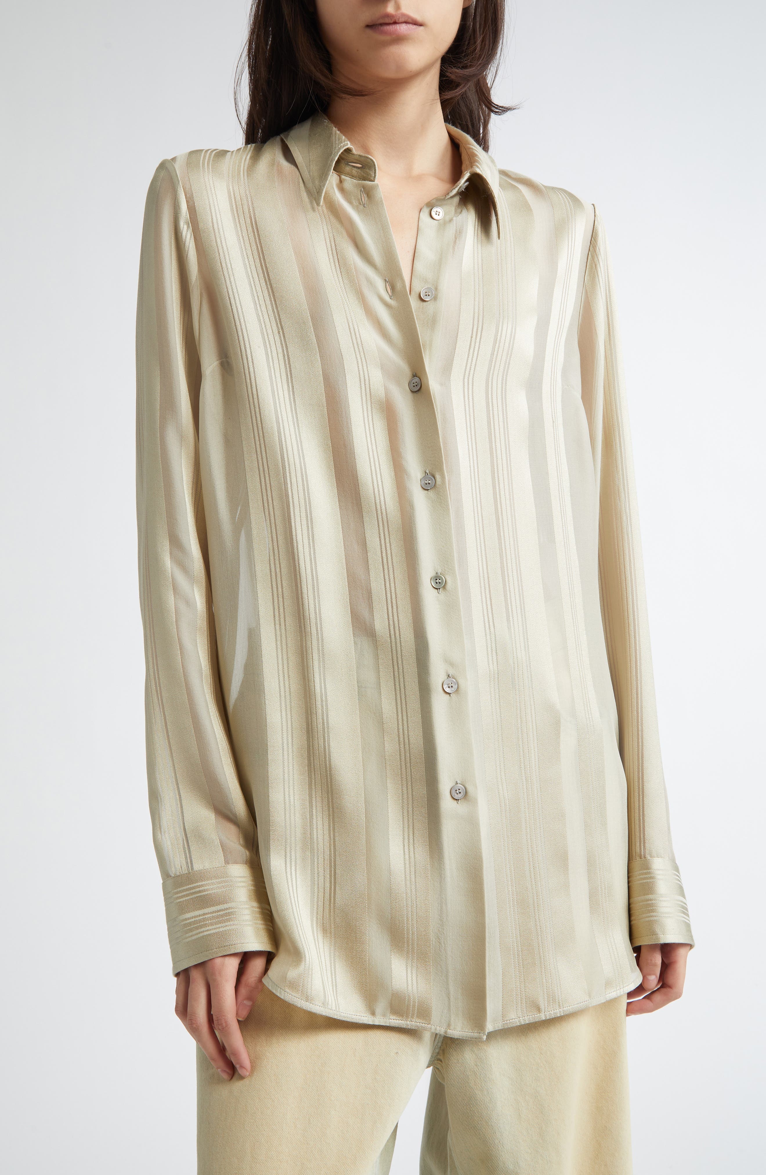 Stella McCartney Variegated Stripe Silk Button-Up Shirt in Sage at Nordstrom - 5
